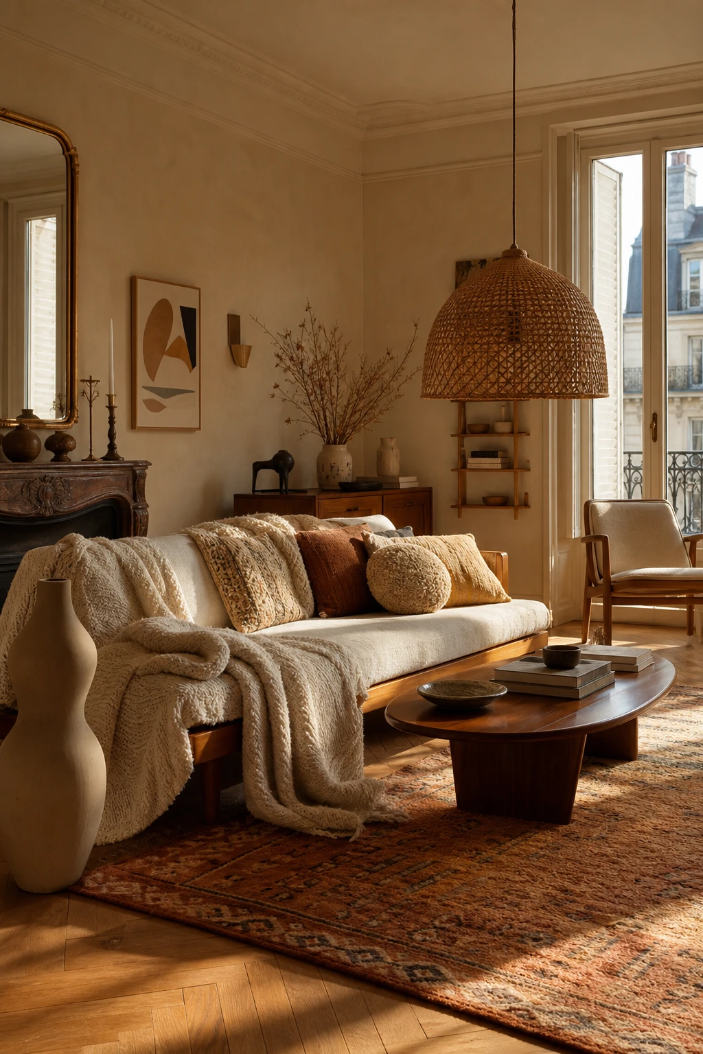 Warm Mid Century Parisian living room with layered boho textiles, organic shapes, and Farrow and Ball Drop Cloth walls softening clean MCM lines