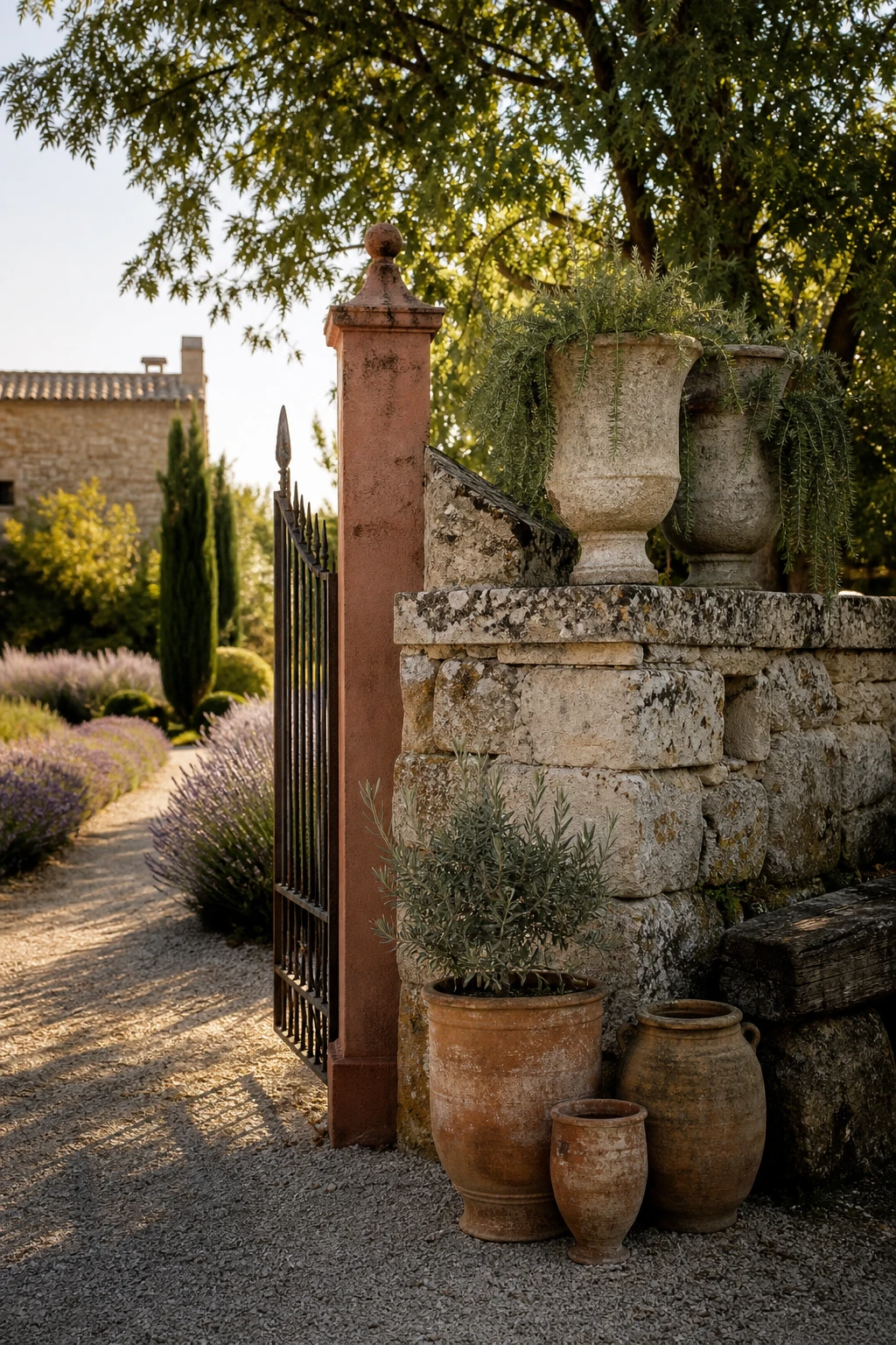 Weathered stone details in a Provence garden landscape showing aged urns, mossy walls and terracotta surfaces in warm afternoon light