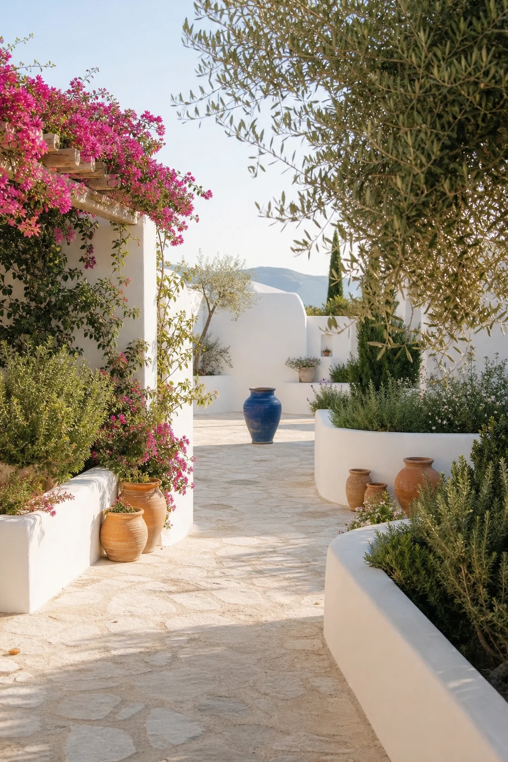 Whitewashed Mediterranean garden with terracotta pots, blue accents, a stone pathway and lush trailing plants under warm afternoon light