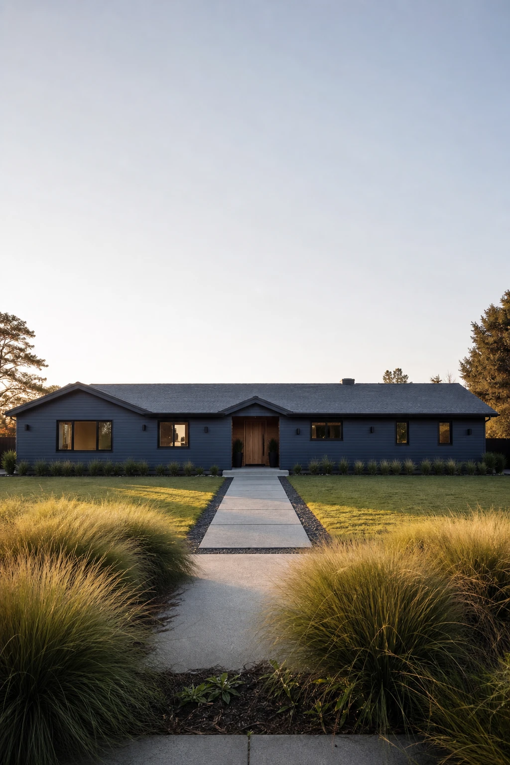 Wide low ranch bungalow exterior painted Ballroom Blue with a broad shallow roofline, horizontal wood cladding, and a flat front garden under soft morning light