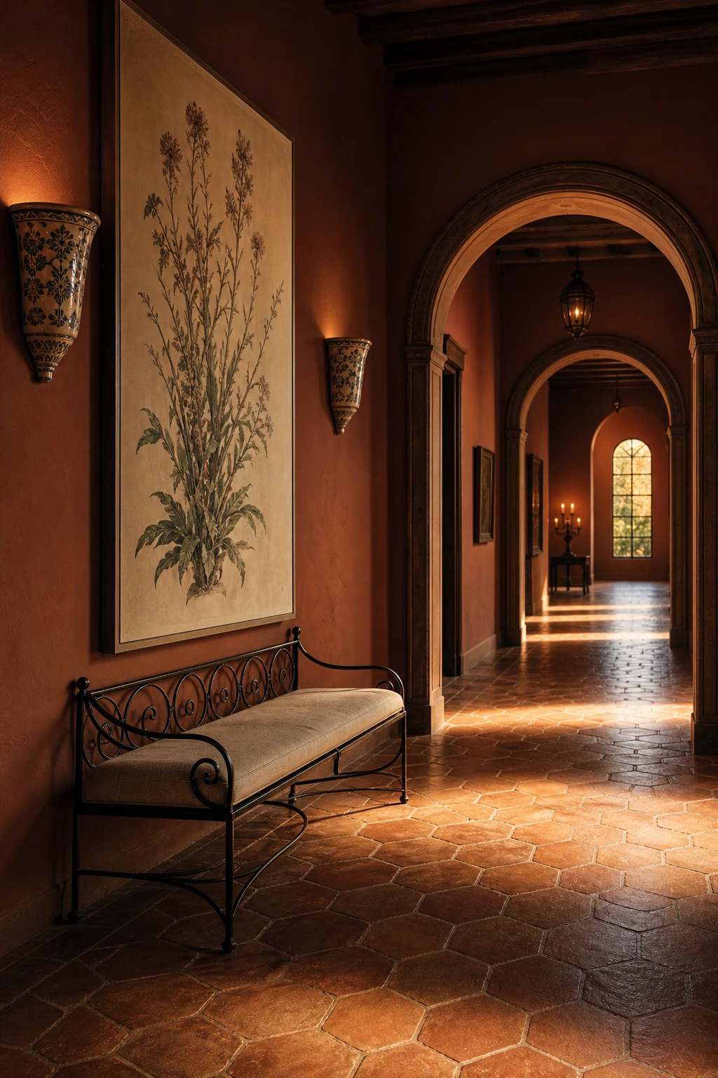 Wide Mediterranean hallway painted Book Room Red with a curved bench, large framed art, terracotta tile floor and arched doorways receding into the distance