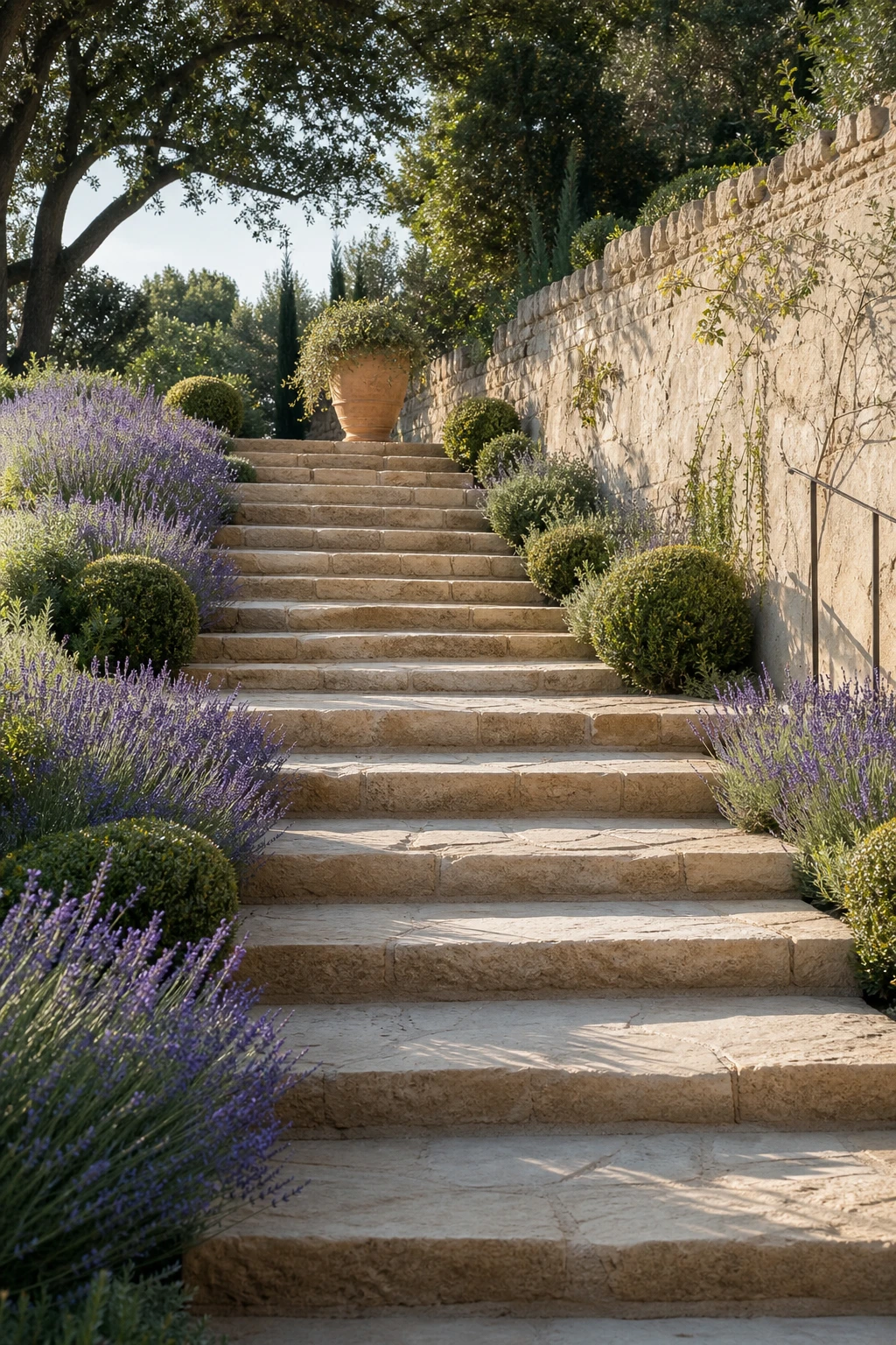 Wide shallow stone garden steps descend a gently sloping Provence garden landscape flanked by lavender, clipped boxwood and a weathered limestone wall