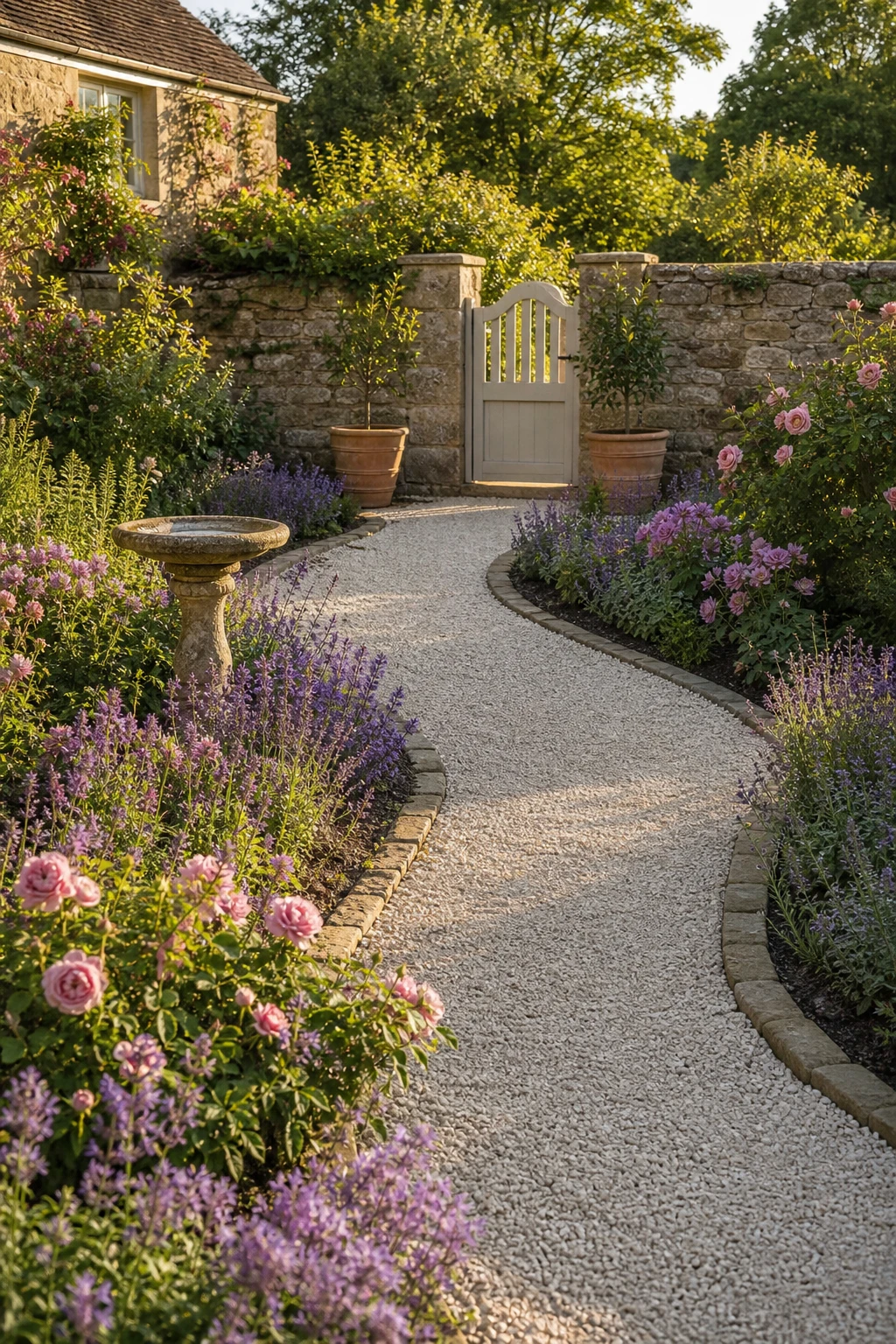 Winding gravel path through an English country garden patio edged with lavender and roses, a stone wall with Light Stone painted gate visible beyond