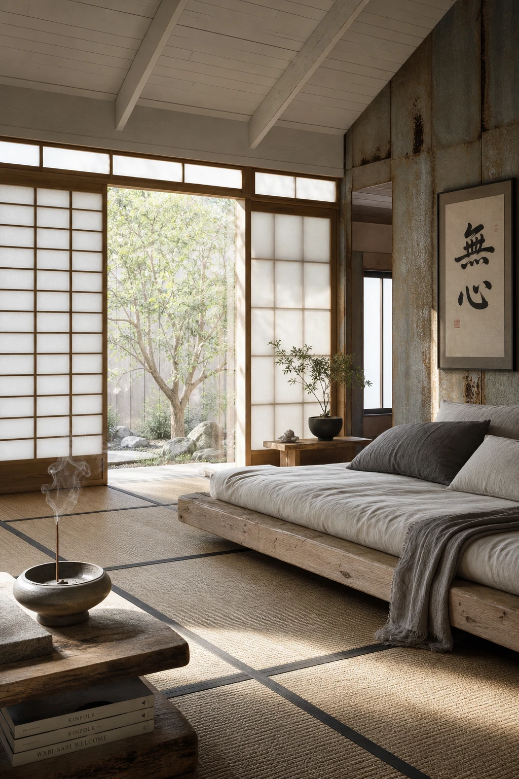 A barndominium zen garden meditation room at the garden edge with shoji screen walls, tatami floor, and Farrow & Ball Cabbage White painted timber ceiling