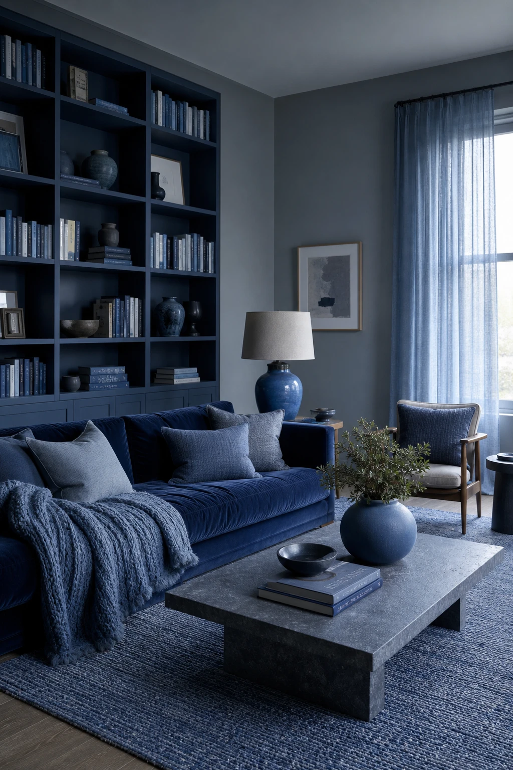 A blue monochrome living room layered with varied textures and finishes showing deep navy to soft slate tones with Farrow and Ball Pigeon painted walls