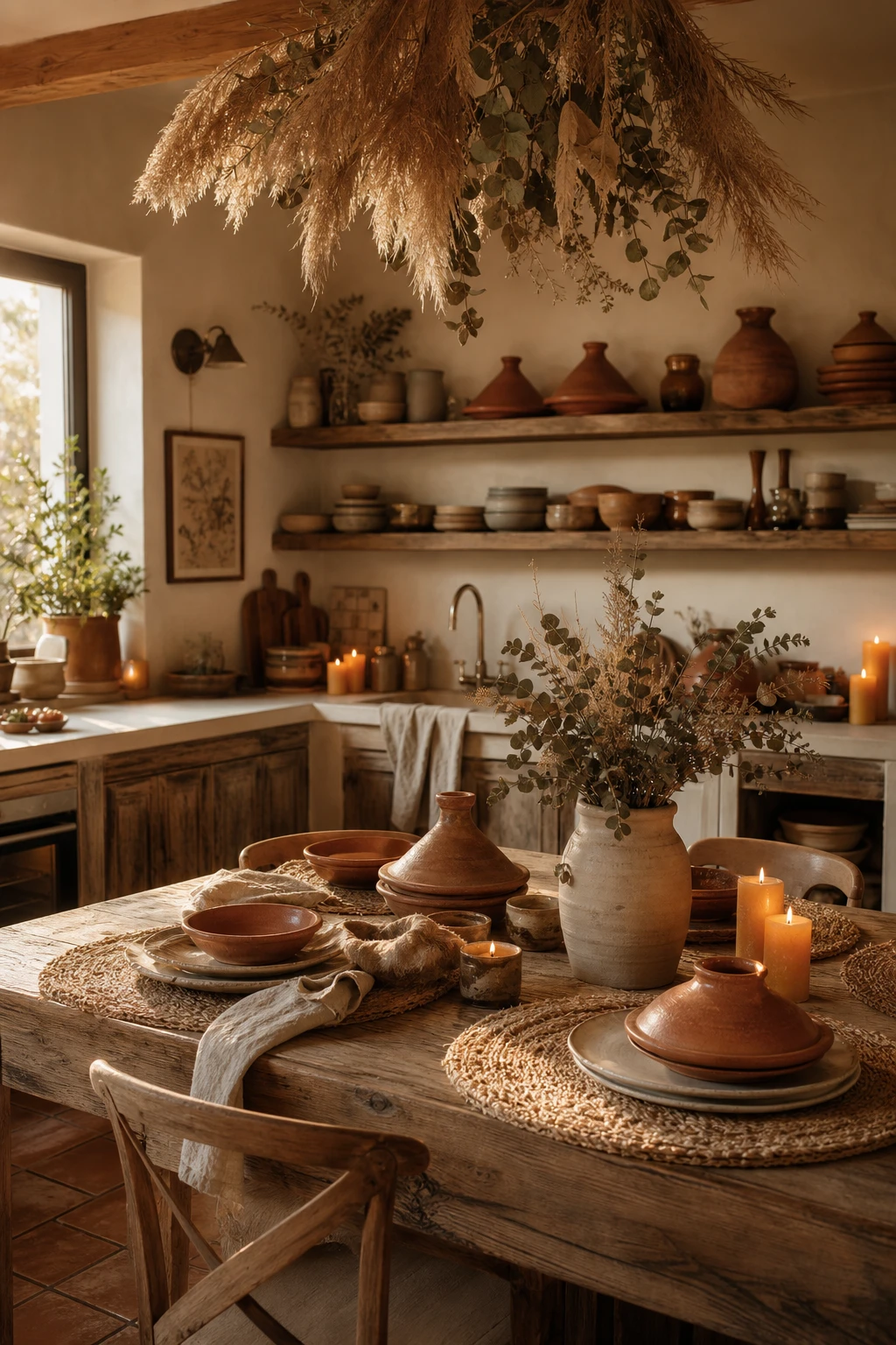 A boho layered cream and terracotta kitchen with woven textiles, stacked ceramics, hanging dried botanicals and warm candlelight creating a deeply cosy gathered atmosphere