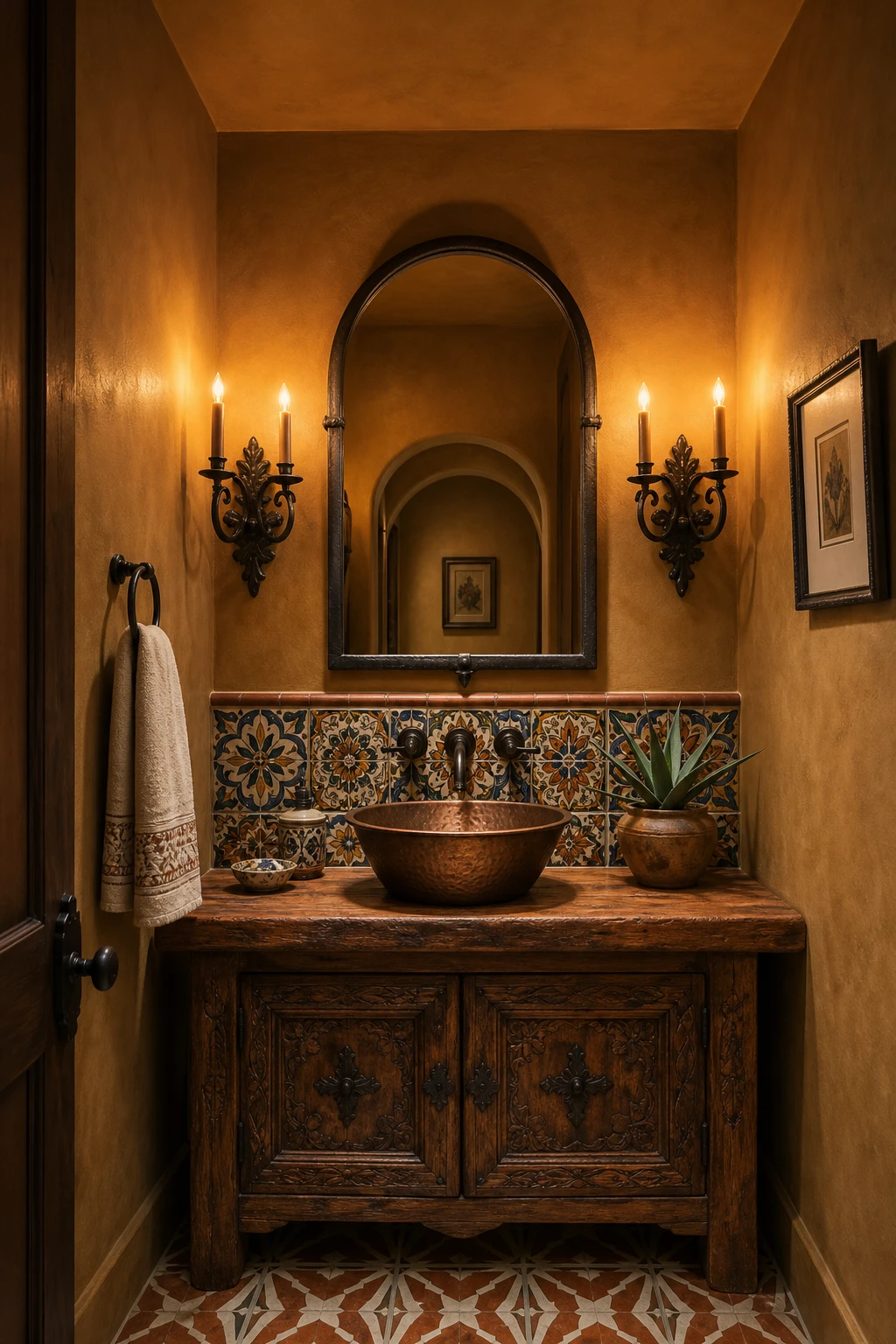 A bold California Spanish powder room with Farrow and Ball Menagerie walls, ornate Talavera tile, arched mirror, vessel sink, and wrought iron sconce lighting