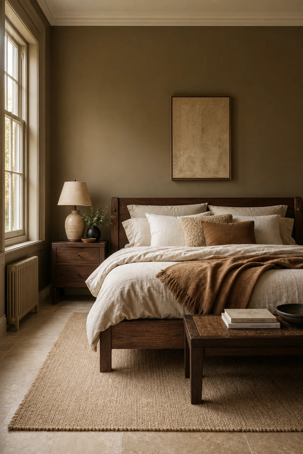 A brown and cream bedroom with beige walls painted in Farrow and Ball Broccoli Brown, featuring a walnut bed frame, cream linen bedding, and warm afternoon light