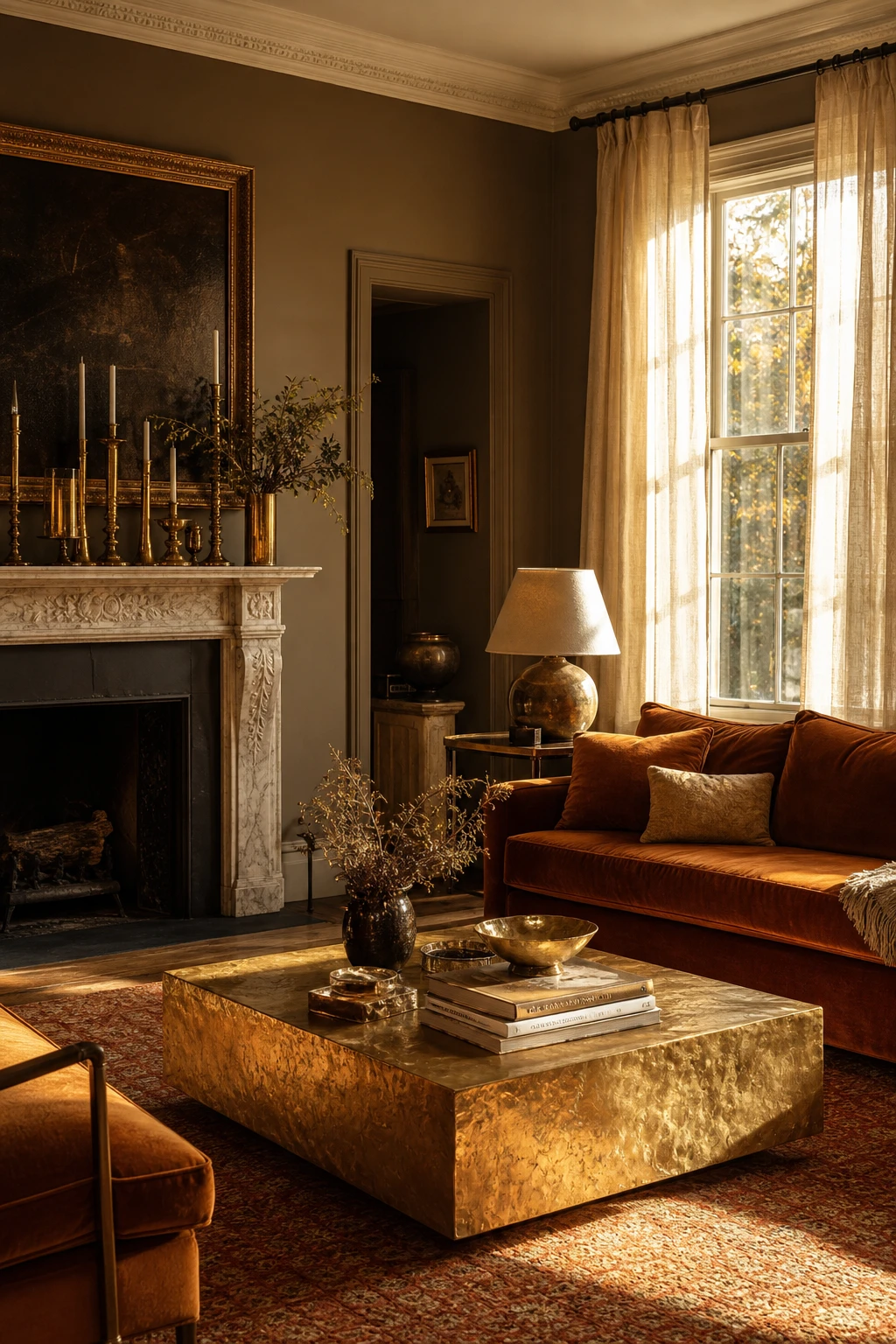A brown and orange living room with gold metallic accents, warm amber velvet sofa, gilded coffee table, and Farrow and Ball Drab painted walls glowing in afternoon light