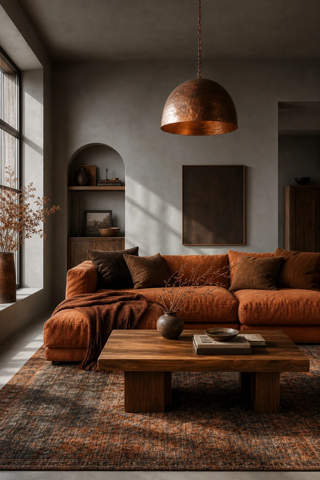 A brown and orange living room with grey walls painted Farrow and Ball Moles Breath anchoring warm tones through layered textiles and natural wood furniture