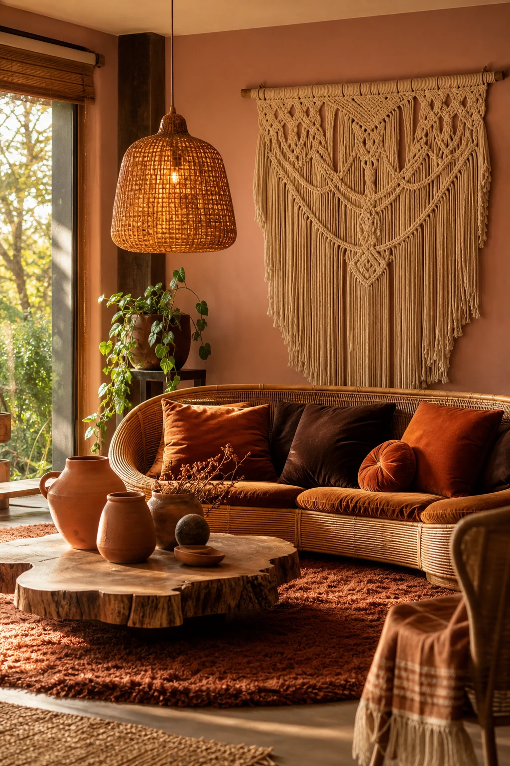 A brown and orange living room with seventies boho style, featuring rattan furniture, layered textiles, macrame wall art, and warm terracotta tones throughout