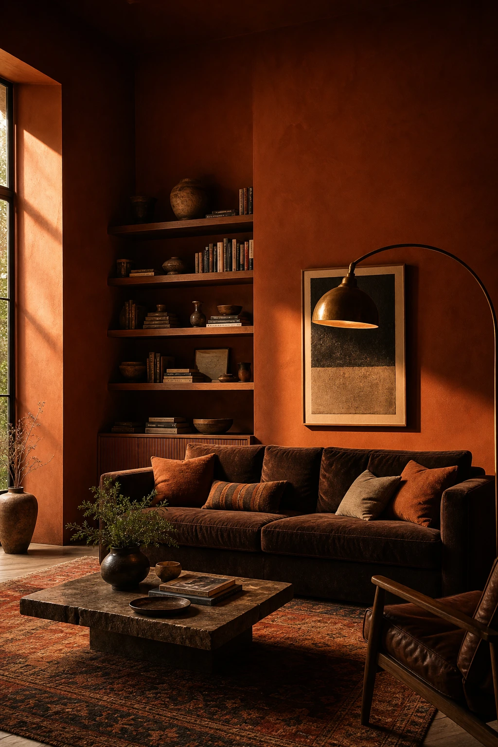 A brown living room with dark orange walls, deep velvet sofa, brass floor lamp, woven rug, and timber shelving in warm evening light