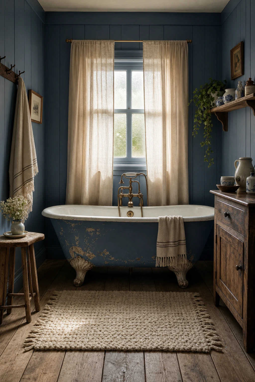 A cosy blue cottage farmhouse bathroom with shiplap walls in Belvedere Blue paint, a clawfoot tub, worn timber floors, and layered vintage textiles