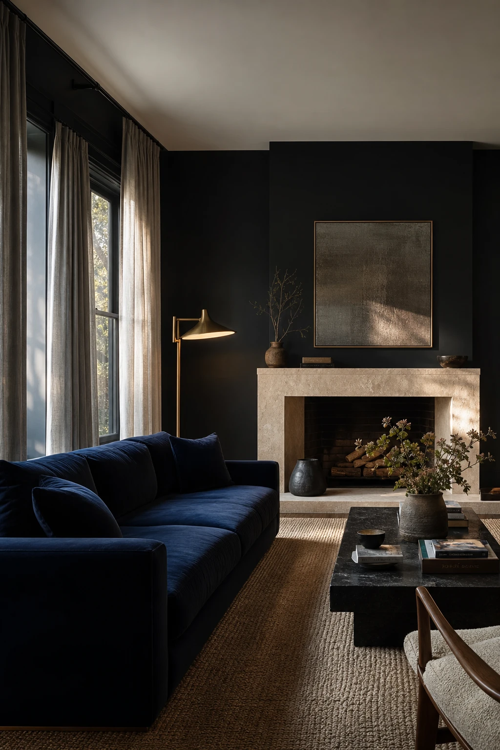 A dark blue and gray living room with deep velvet sofa, stone fireplace, linen curtains, and Farrow and Ball Beetle Black walls in soft evening light