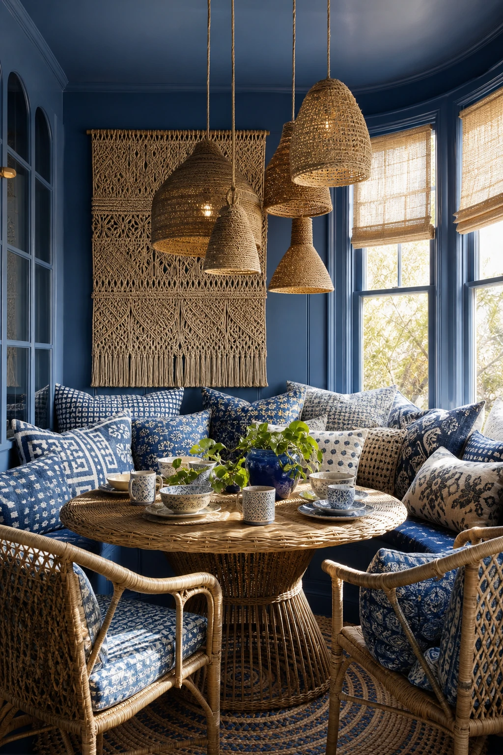 A maximalist blue boho breakfast nook with layered printed cushions, rattan seating, hanging macrame, and Farrow & Ball Bay Area Blue painted walls