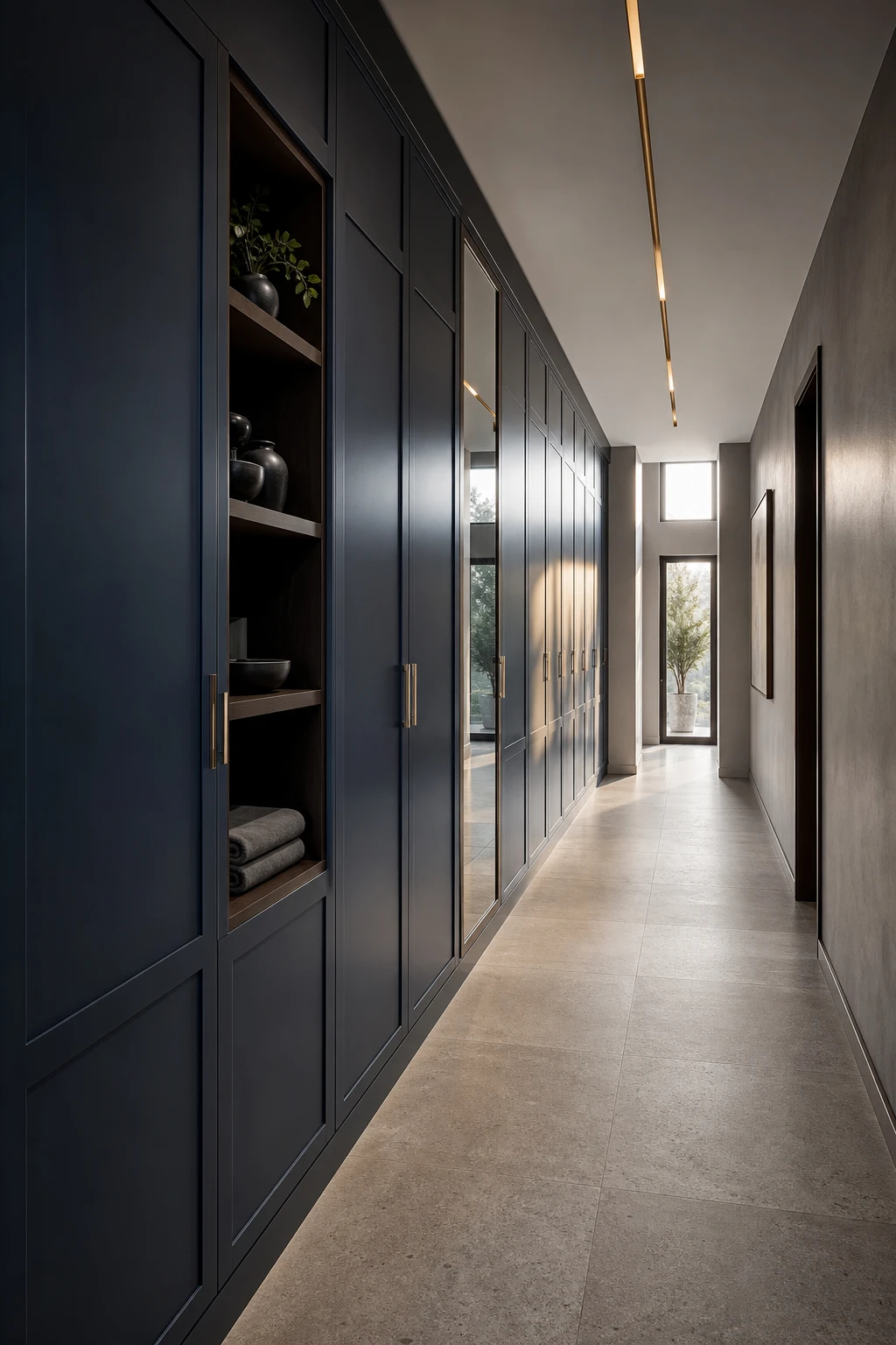A modern hallway with blue accent joinery and dark gray walls lit by warm afternoon light, featuring Farrow and Ball Inchyra Blue painted built in cabinetry