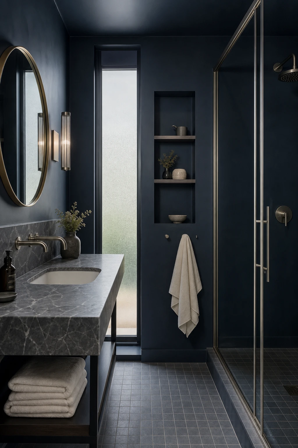 A moody dark blue and gray bathroom with deep navy walls, marble surfaces, brushed nickel fixtures, and soft morning light through frosted glass