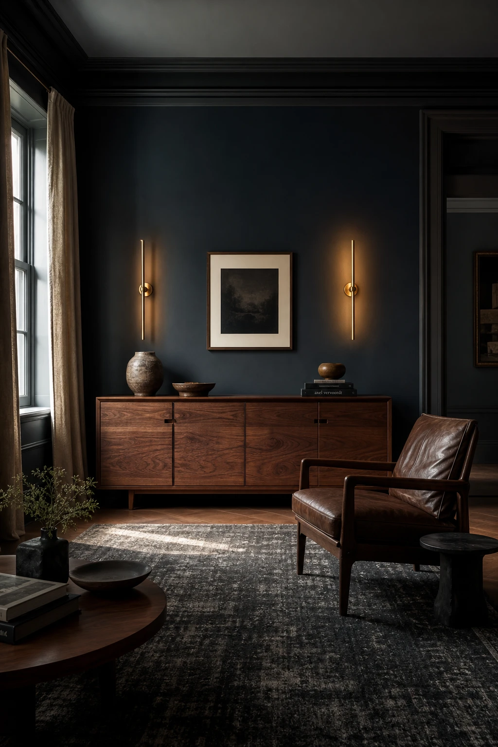 A moody sitting room with navy walls and dark wood furniture as the hero, warmed by afternoon light and anchored by Farrow and Ball Hopper Head painted trim