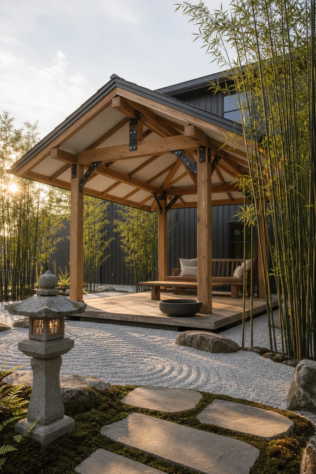 A open sided Zen gazebo in a barndominium garden with raked gravel, a stone lantern, and bamboo screens bathed in soft afternoon light
