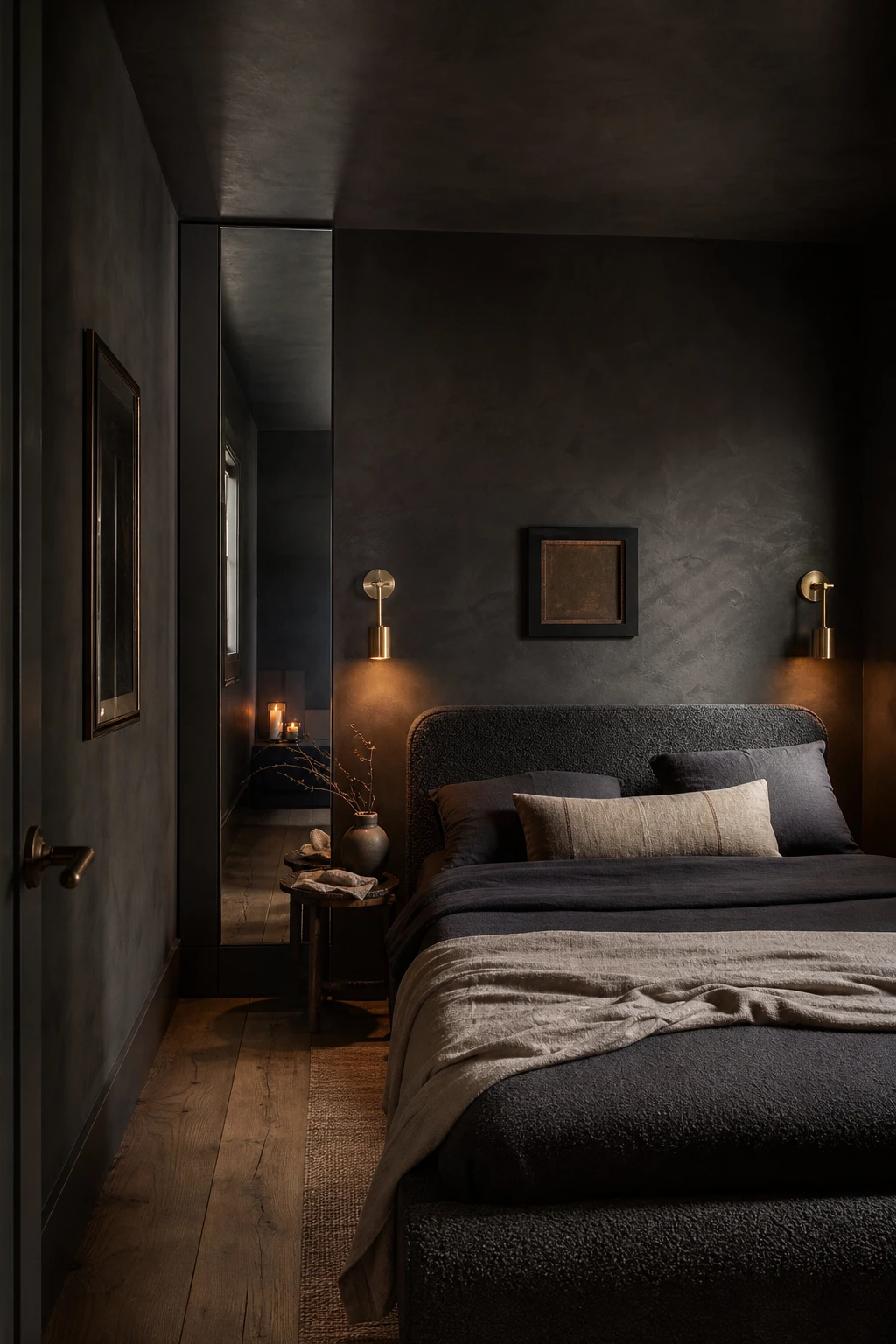 A small dark gray bedroom cocooned in Farrow & Ball Tar paint with intimate layered lighting, plush bedding, and a compact mirrored wardrobe