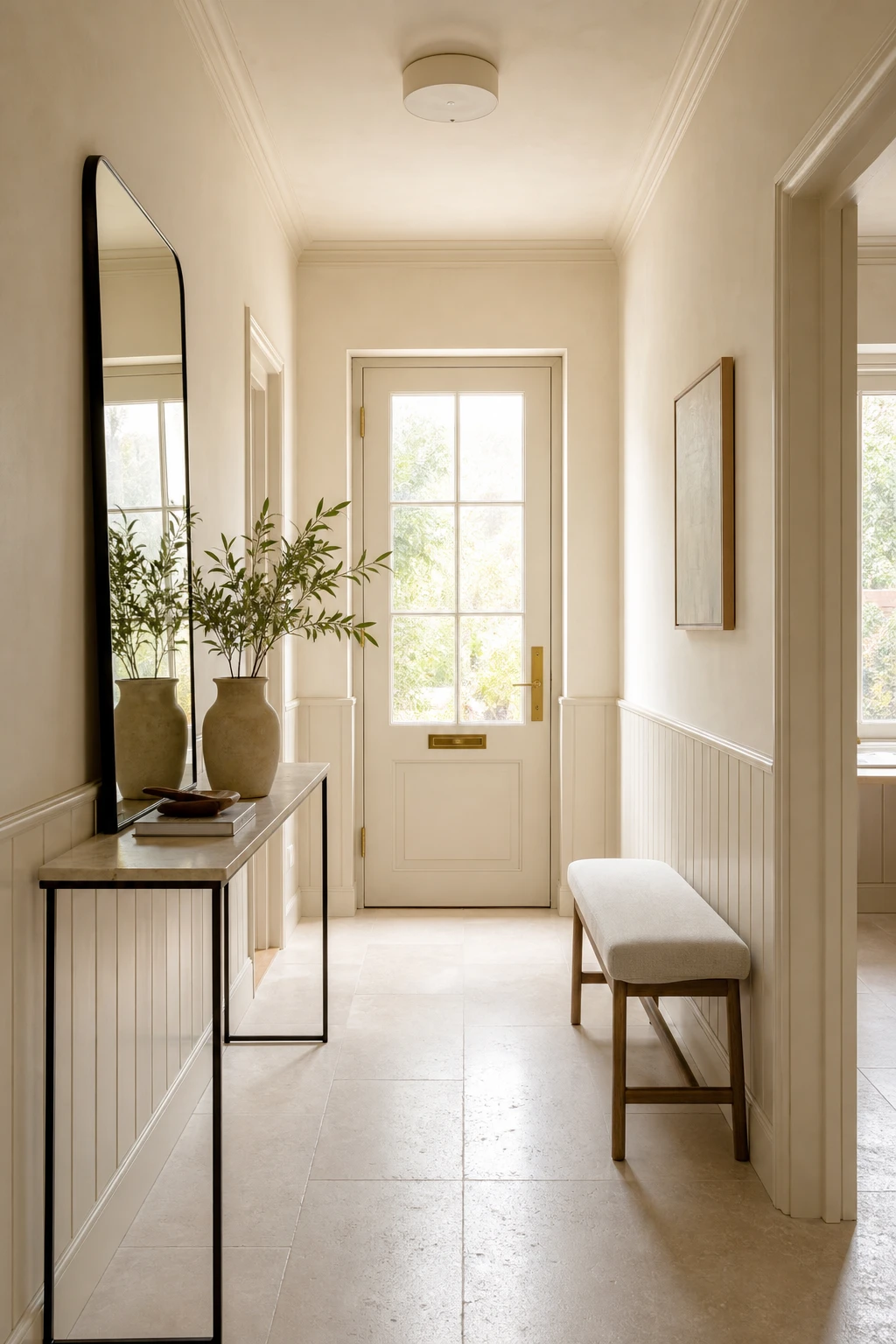A small neutral hallway with a light airy feel, pale reflective surfaces, uncluttered walls painted in Farrow and Ball Biscuit, and natural light from a glazed door