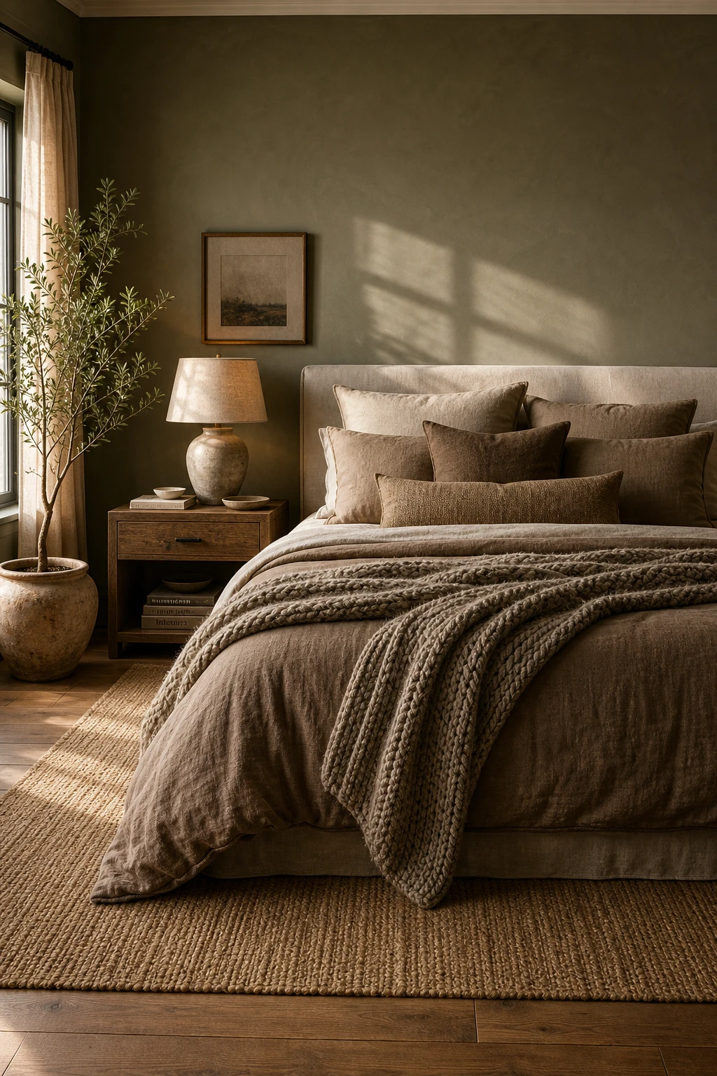 A tonal brown and cream bedroom layered with taupe and warm brown textiles, linen bedding, timber furniture and Farrow and Ball Cardamom painted walls