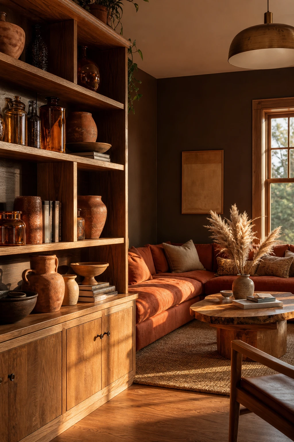 A warm brown and orange living room with natural wood shelving, burnt orange accents, Farrow and Ball Wainscot walls and soft natural light from a side window