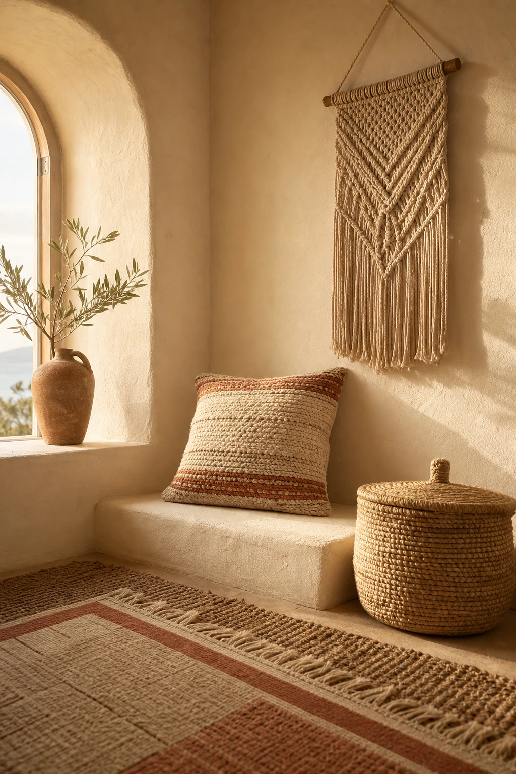 A warm Greek Mediterranean interior corner with woven textile details as the hero, handwoven cushions, raffia basket, jute rug, and whitewashed plaster walls painted Farrow and Ball Tallow
