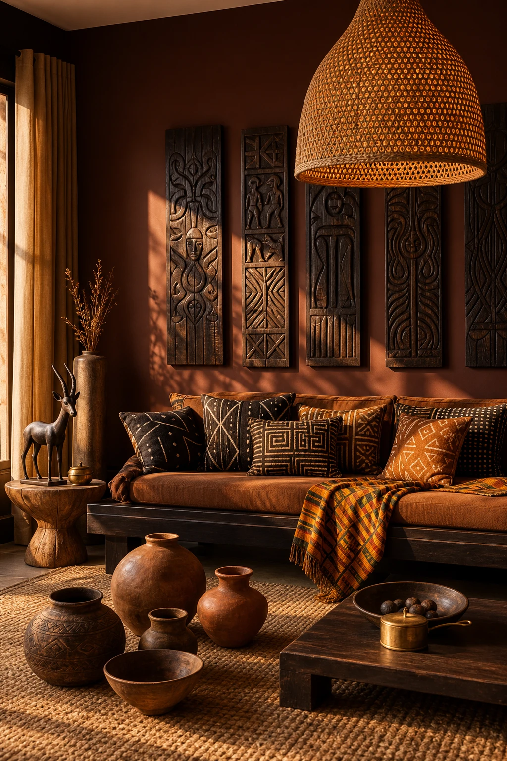 African inspired brown and orange living room with carved wood panels, woven textiles, terracotta pottery and Farrow and Ball Mahogany walls bathed in warm afternoon light