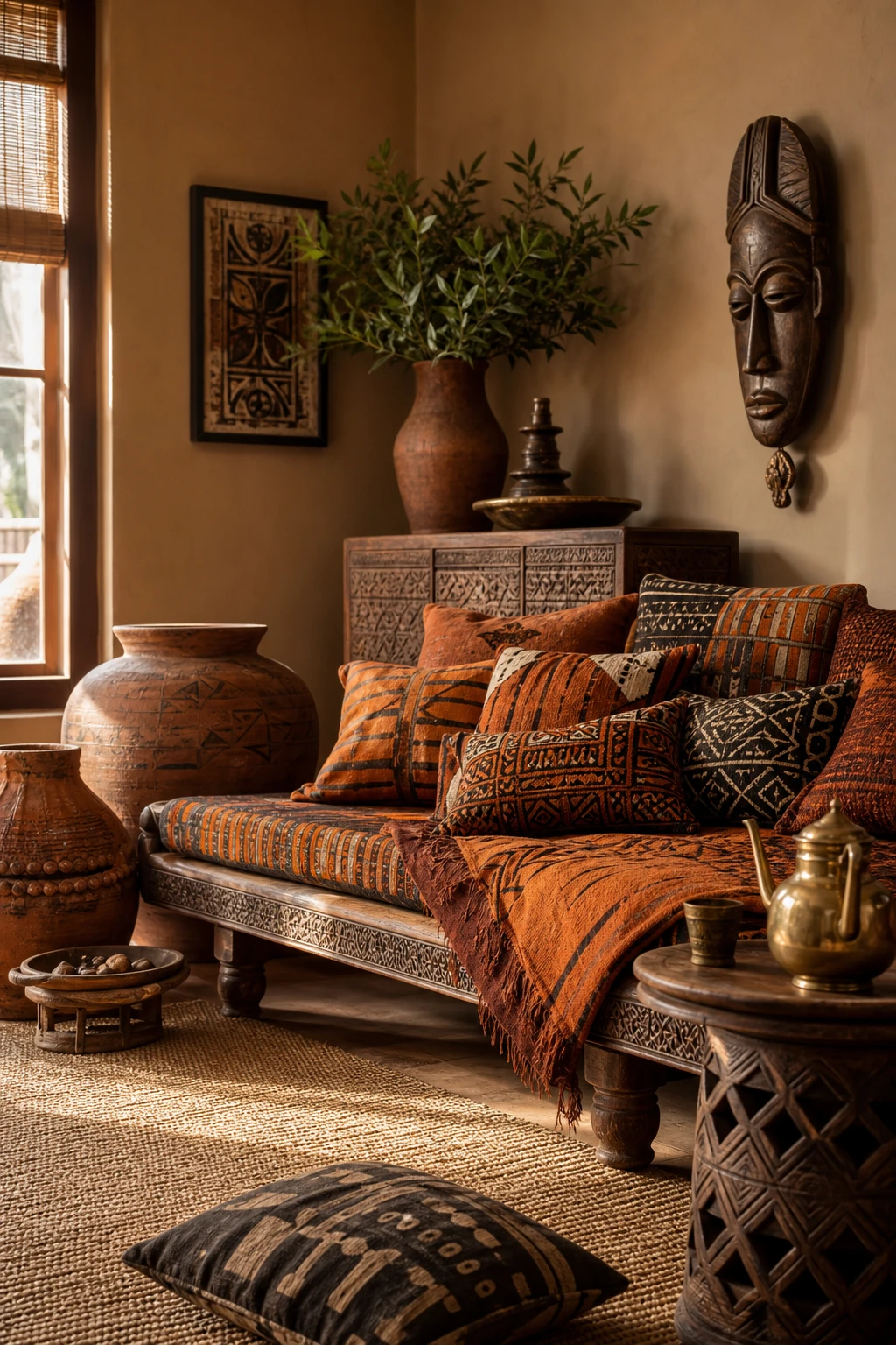 African inspired brown and orange living room with kente cloth cushions, carved wood furniture, terracotta vessels and Farrow and Ball London Stone walls