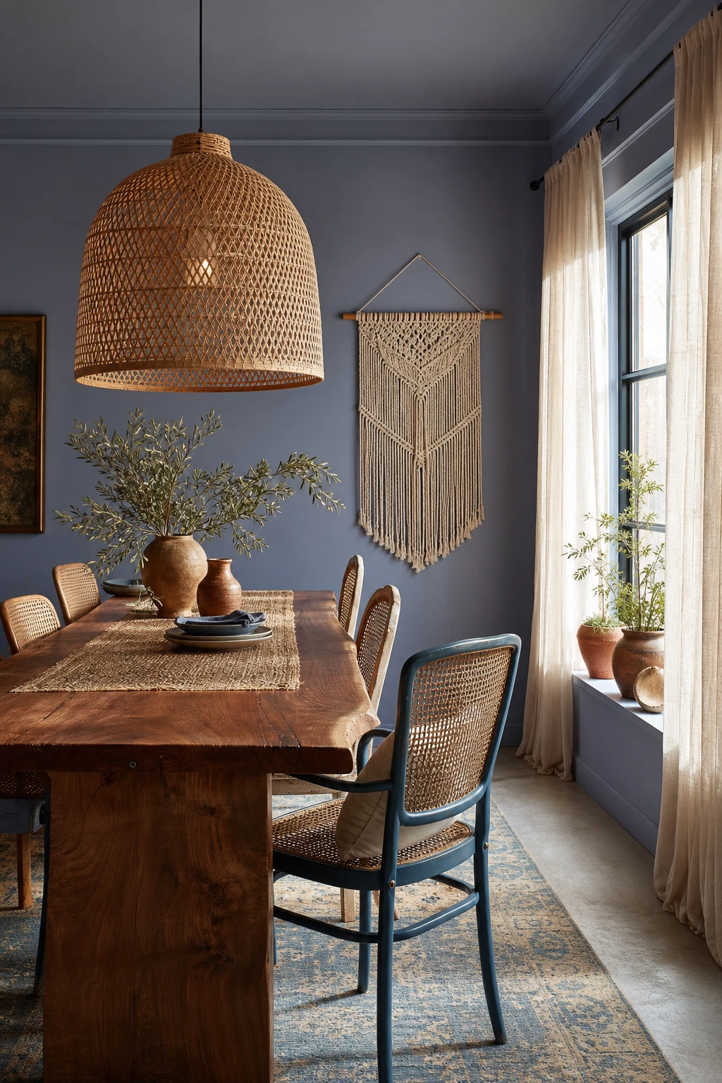 Airy boho dining room with periwinkle blue walls, rattan pendant light, linen curtains, mismatched vintage chairs and a raw wood dining table in soft natural light