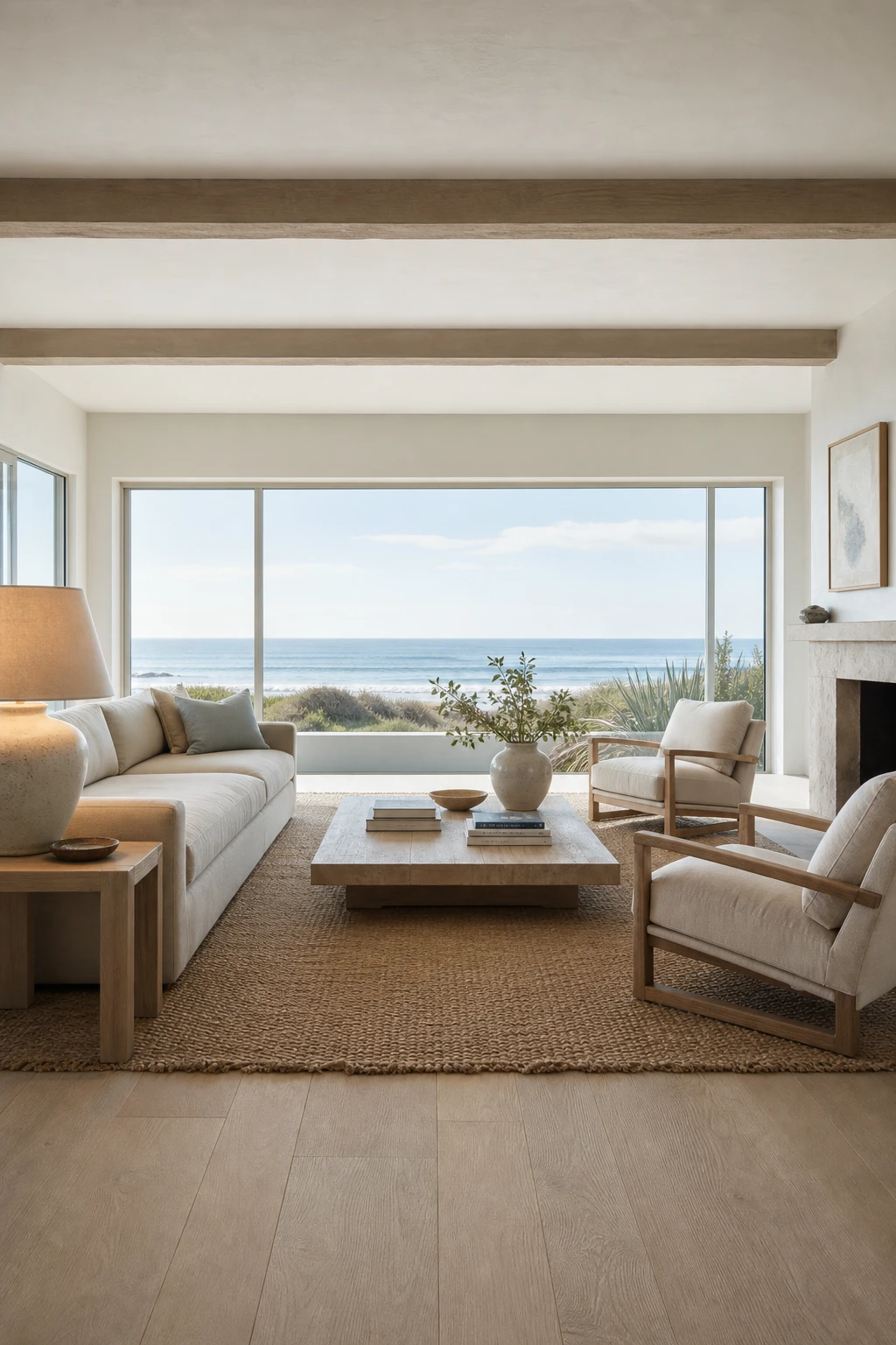 Airy California Coastal living room with low profile furniture, clear sightlines, white walls, natural textures, and soft ocean light flooding through wide windows