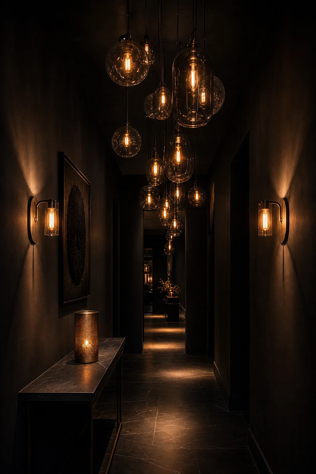 All black hallway at night with decorative wall sconces and pendant lighting glowing against Farrow and Ball Liquorice painted walls and dark ceiling
