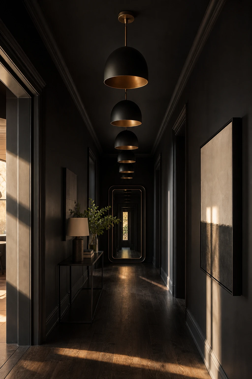 All black hallway corridor with a row of pendant lights running its length, black walls, dark hardwood floor, and a framed mirror at the far end
