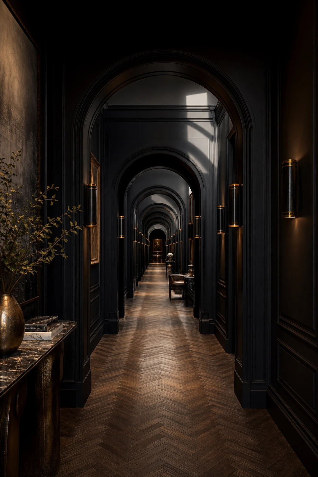 All black hallway corridor with repeating arched doorways, wall sconces, and dark herringbone floor receding into dramatic depth, lit by warm afternoon light