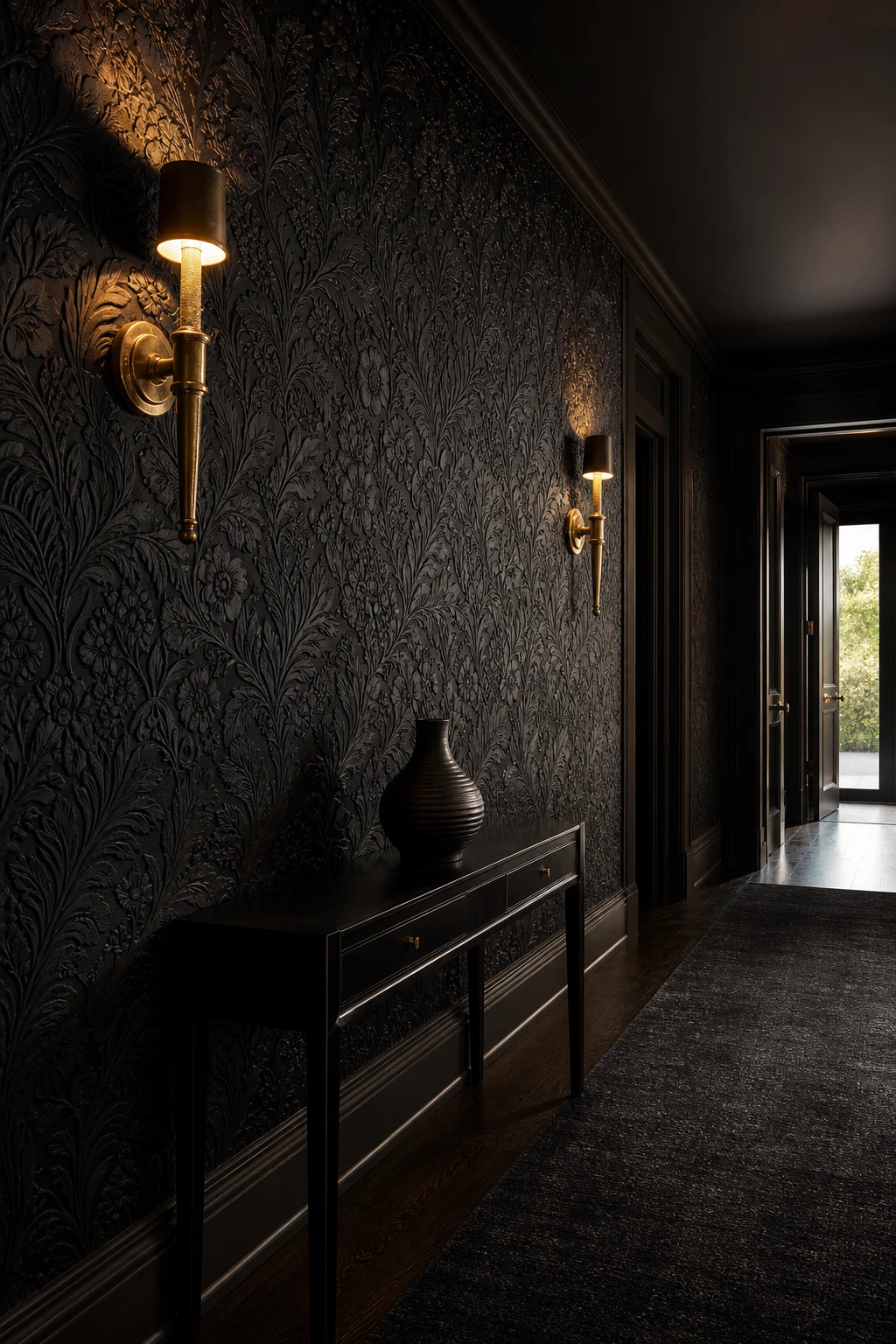 All black hallway featuring dramatic black wallpaper with raised botanical pattern, console table, wall sconces, and dark hardwood floor in moody evening light