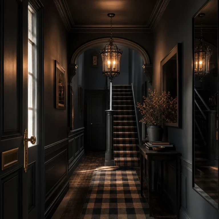 All black hallway with matte black walls ceiling and panelling, polished dark oak floors, a checkered wool runner, blackened timber mouldings, and a filament pendant in warm late afternoon sidelight.