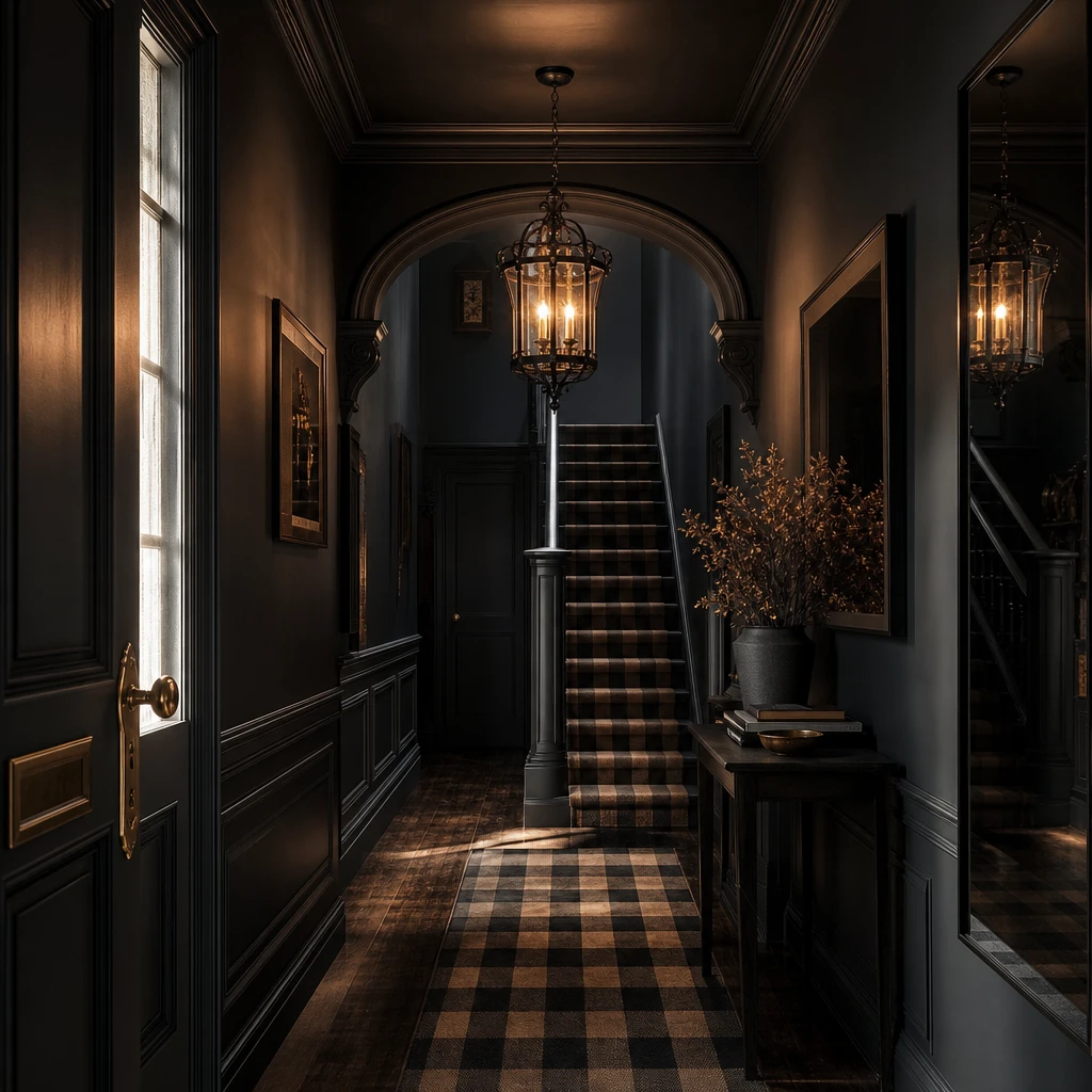 All black hallway with matte black walls ceiling and panelling, polished dark oak floors, a checkered wool runner, blackened timber mouldings, and a filament pendant in warm late afternoon sidelight.