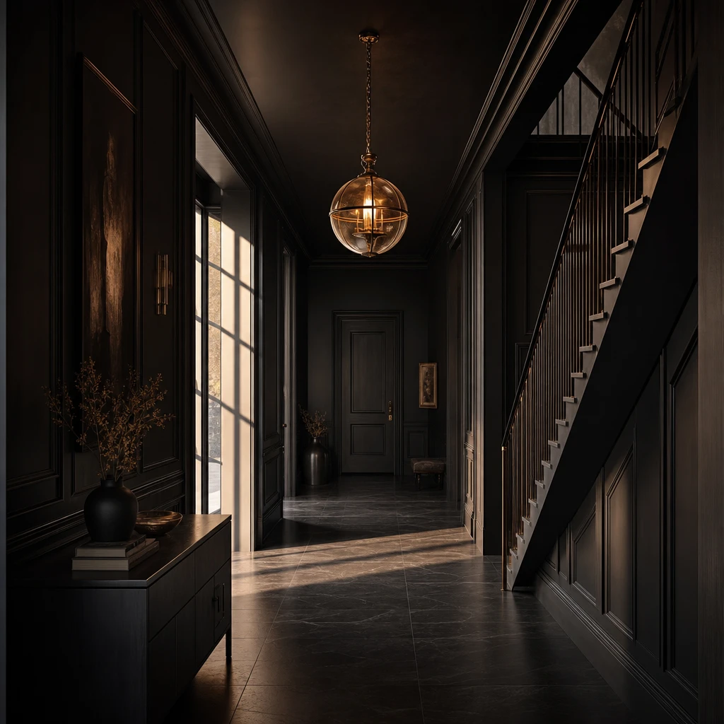 All black hallway with full height dark wall panelling, a black staircase with steel balustrade, a brass filament pendant, and raking late afternoon light across matte plaster and honed black stone floors.