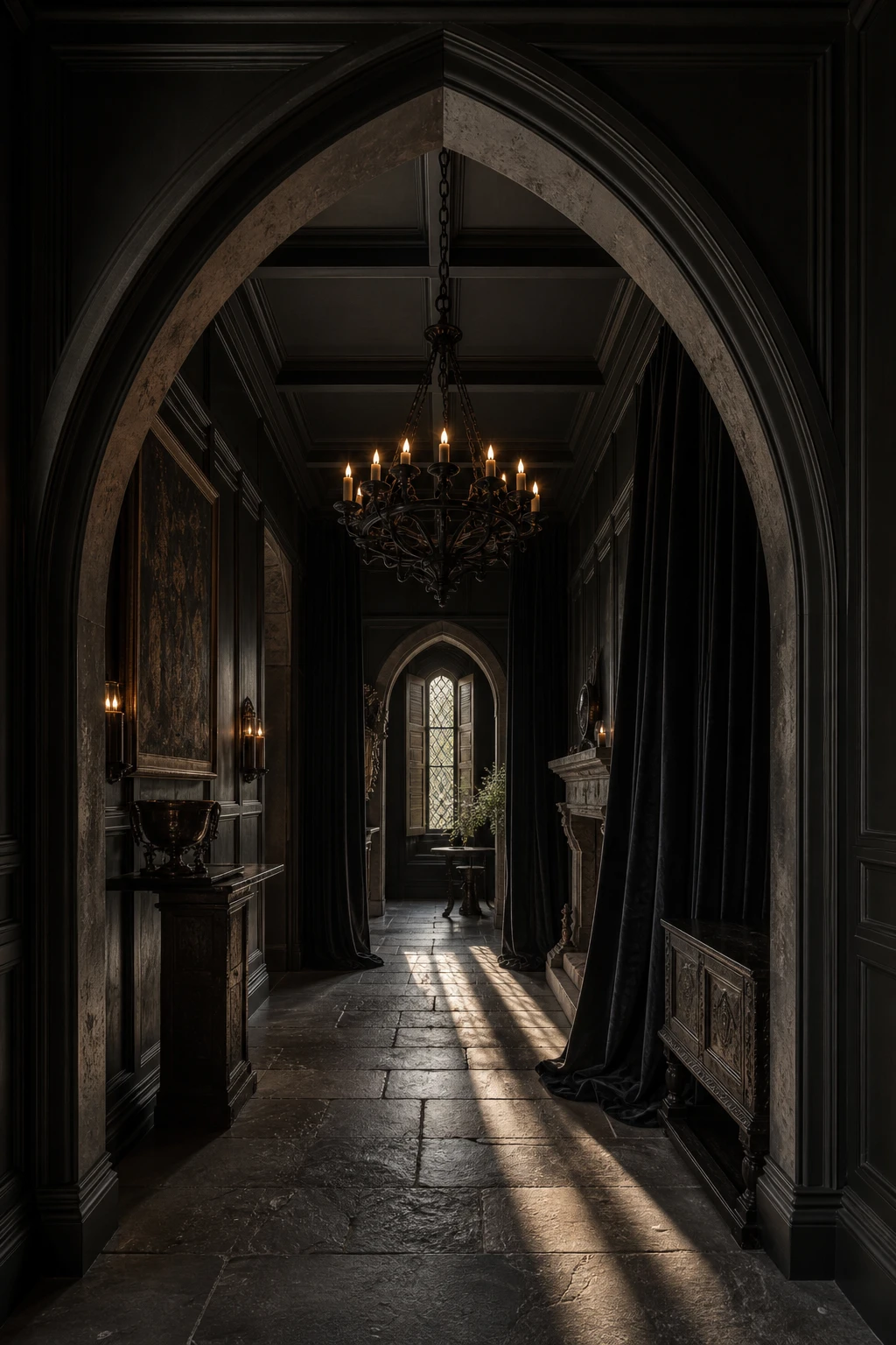 All black hallway styled as a dark castle entrance with stone walls, iron chandelier, heavy drapery, and Farrow and Ball Liquorice paint on panelled walls