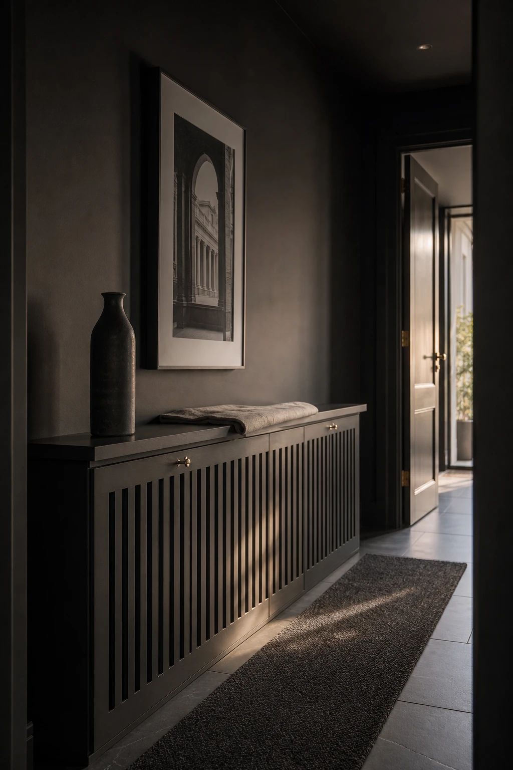 All black hallway with a black radiator cover as the focal point, styled with art above, console table and dark walls in Farrow and Ball Beetle Black