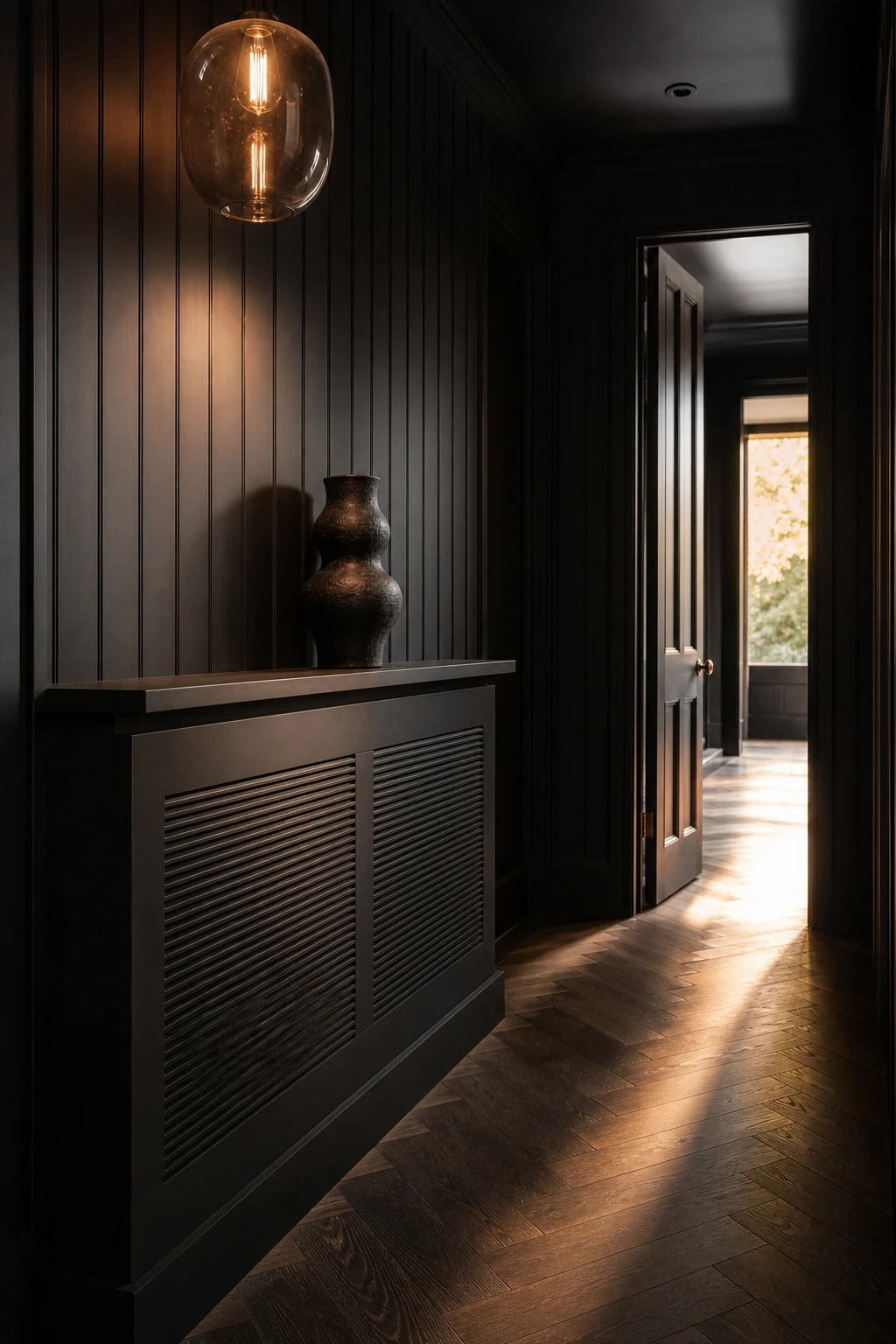 All black hallway with a black radiator cover blending into the wall, black console table, dark herringbone floor and moody pendant light overhead