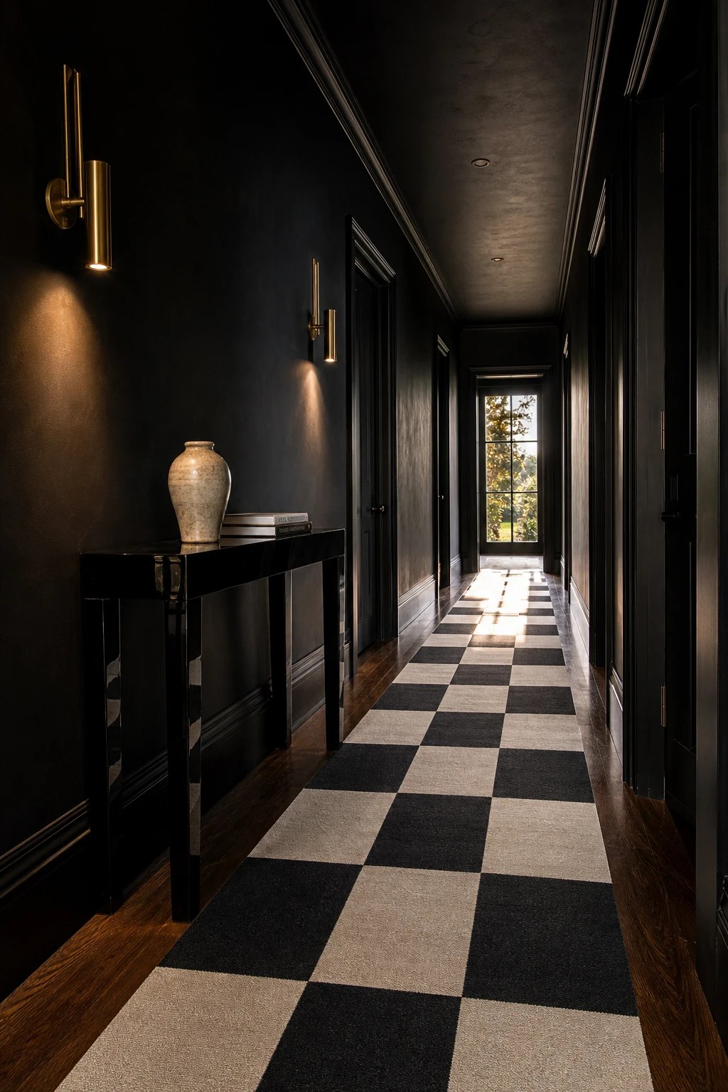 All black hallway with a bold black and white checkered runner rug as the floor hero, dark painted walls, slim console table, and wall sconces