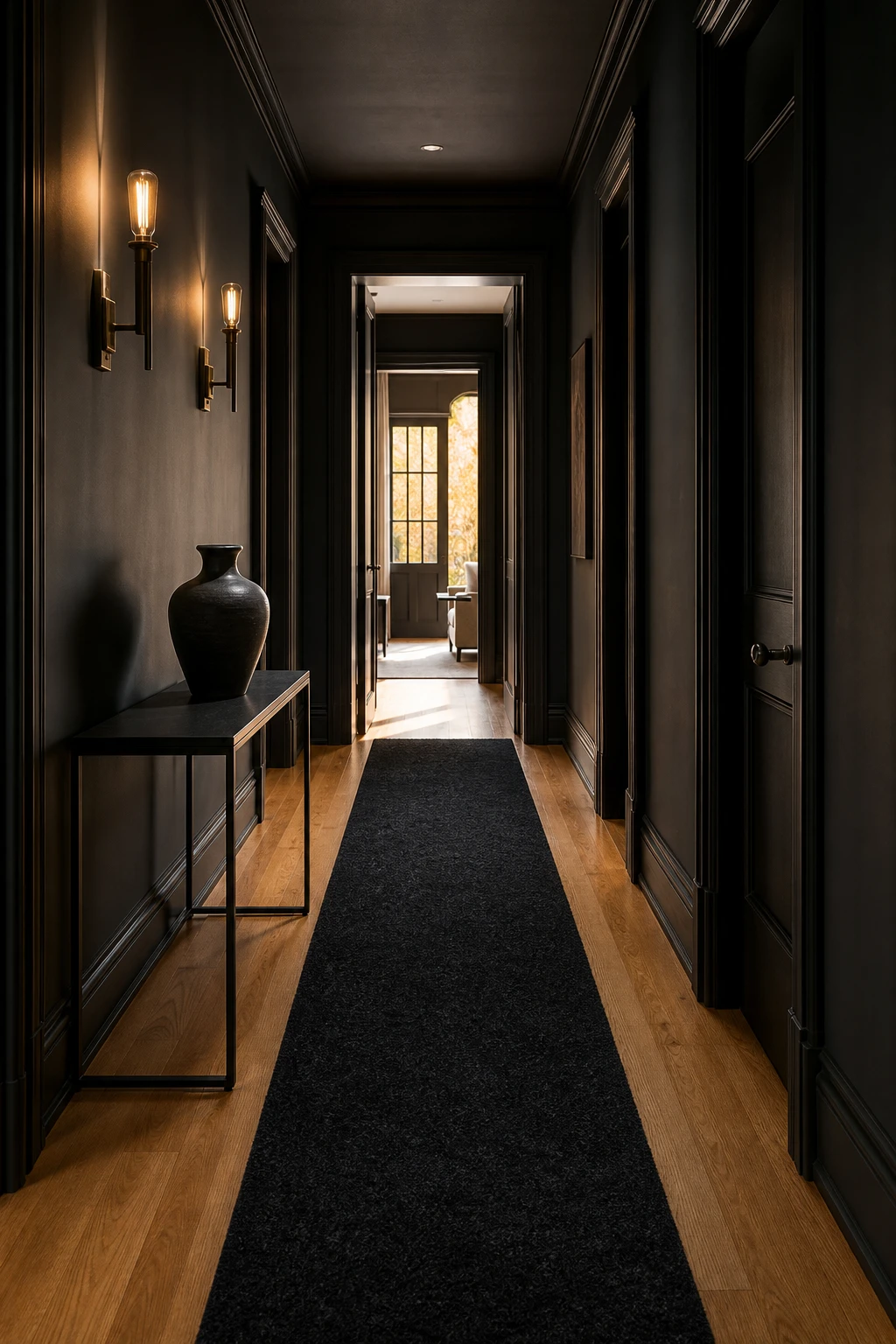 All black hallway with a bold black carpet runner on warm wood floors, dark walls, slim console table, and wall sconces casting warm evening light