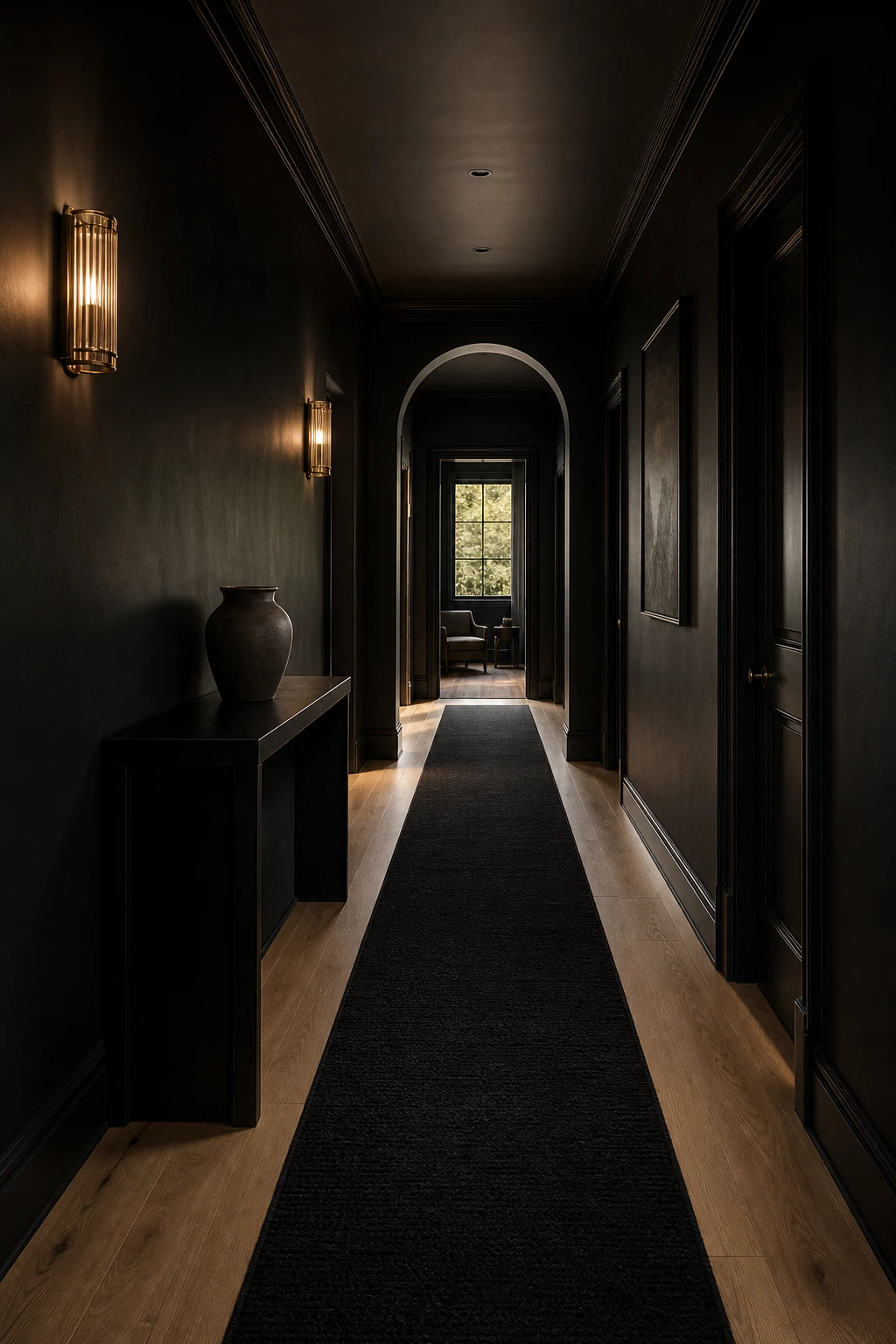 All black hallway with a bold black carpet runner over pale wood floors, dark walls, slim console table, and brass wall sconces casting warm evening light