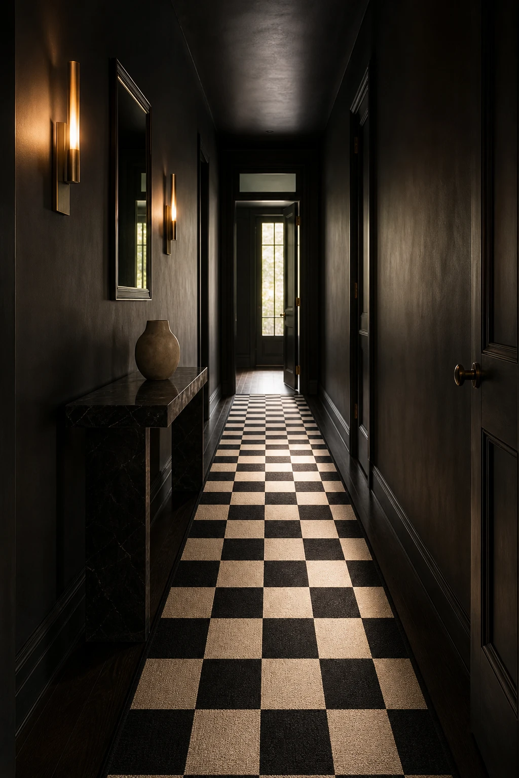 All black hallway with a bold checkered runner rug as the focal point, dark walls painted Pitch Black, and warm sconce lighting overhead