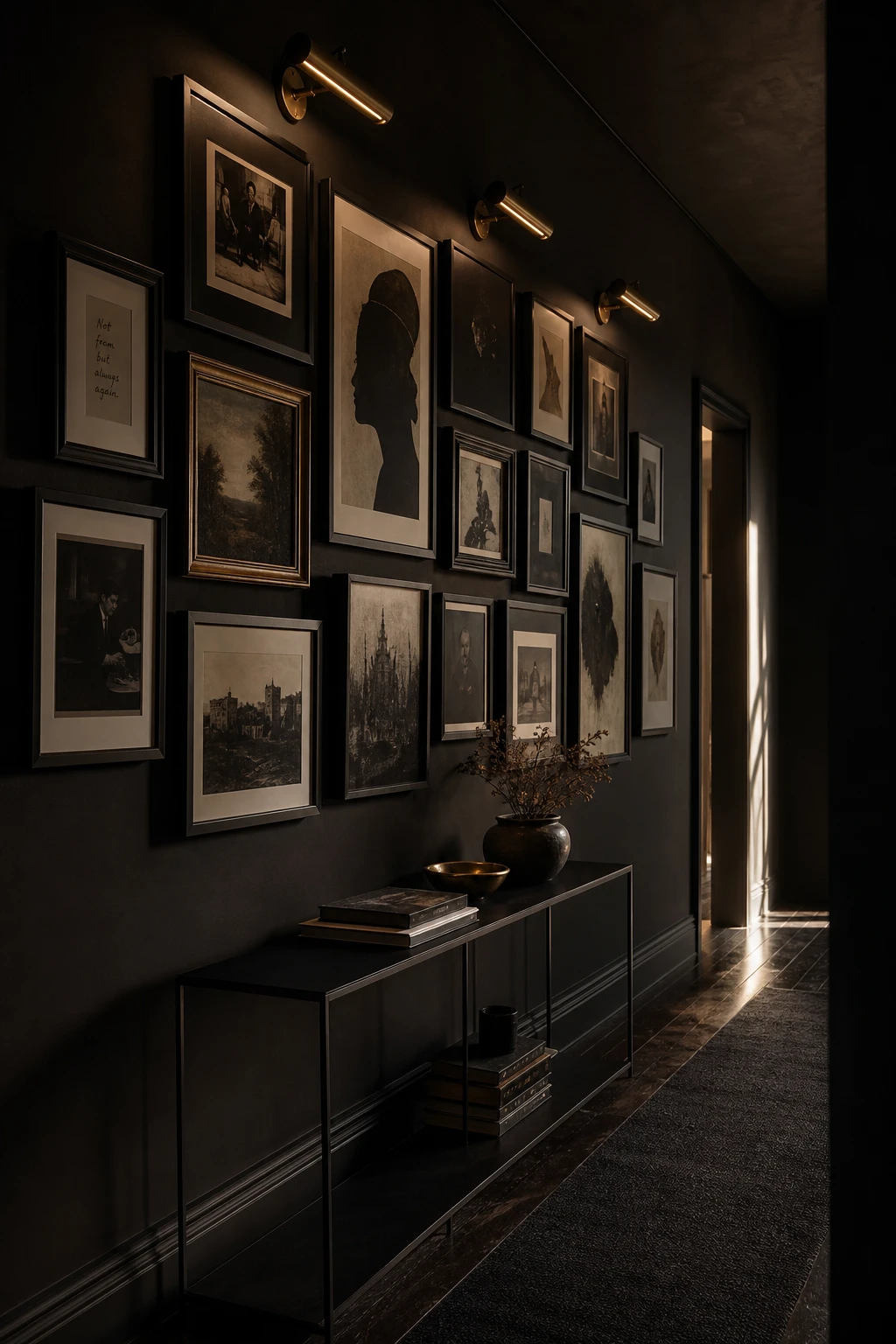 All black hallway with a dark gallery wall of framed art in black frames, moody dramatic lighting, Farrow and Ball Grate Black walls