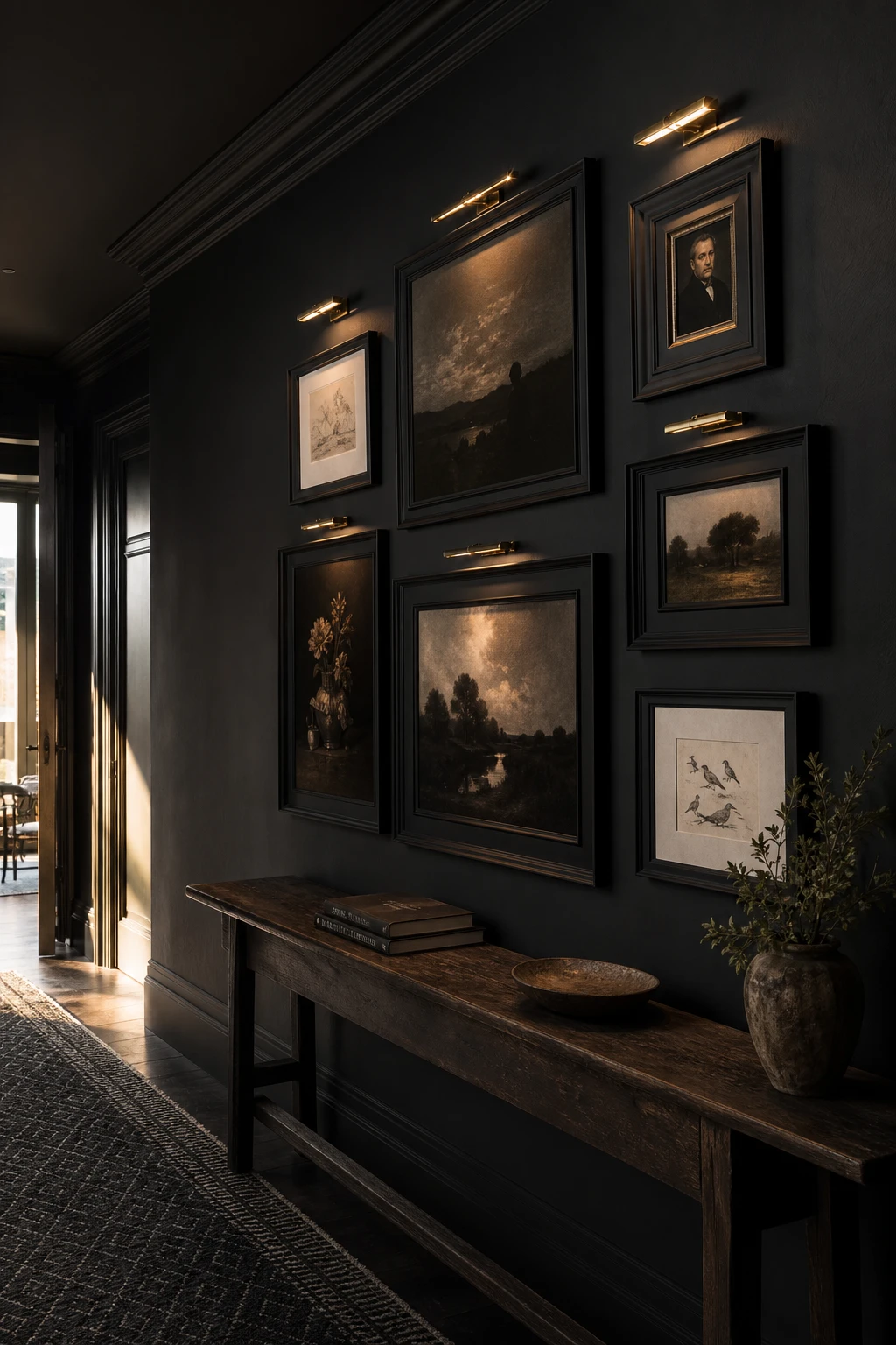 All black hallway with a dark gallery wall of framed art in matte black frames, lit by warm picture lights, with Farrow & Ball Grate Black painted walls