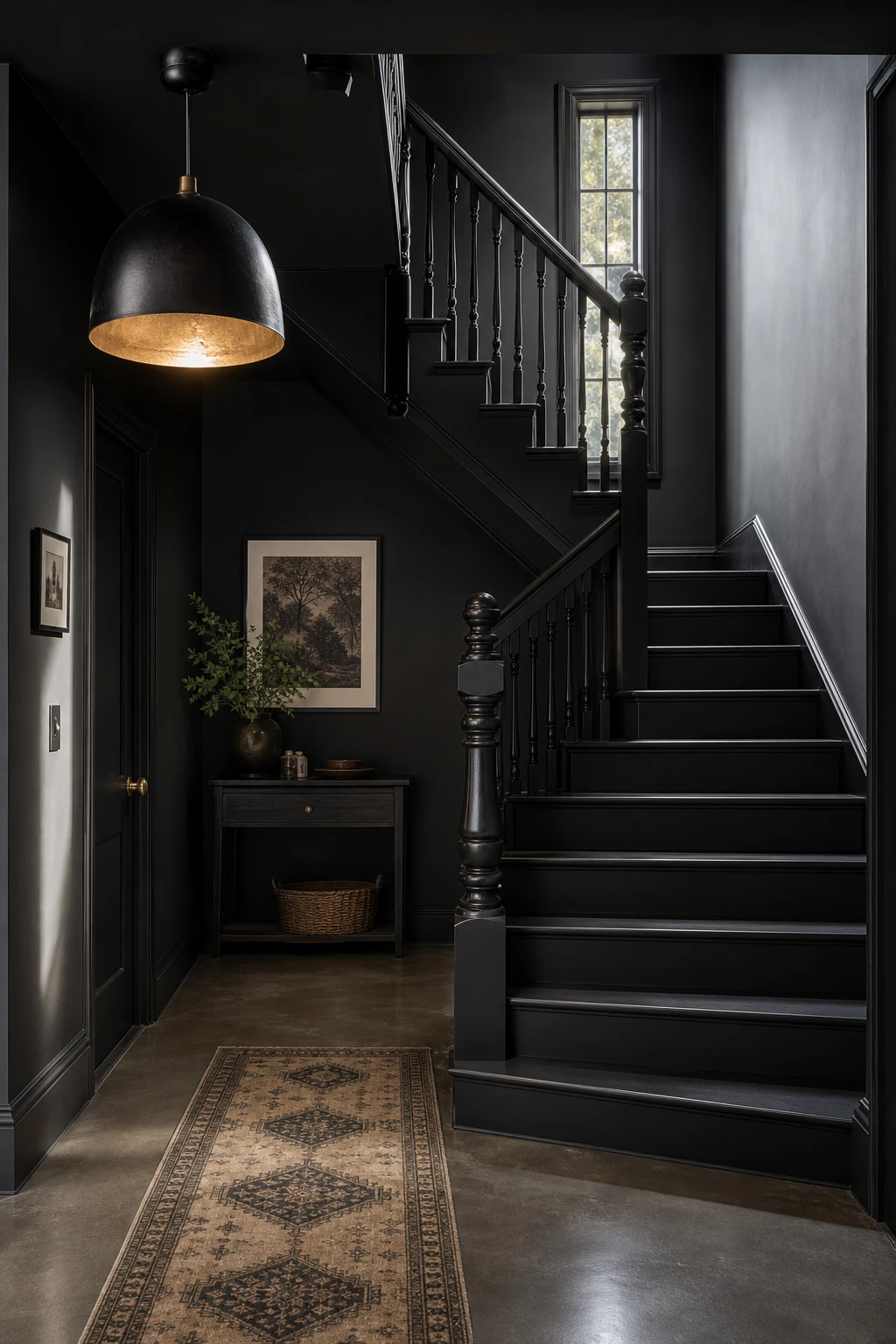All black hallway with a dramatic painted staircase as the hero, featuring glossy black balusters, dark treads, and a sleek handrail under focused natural light
