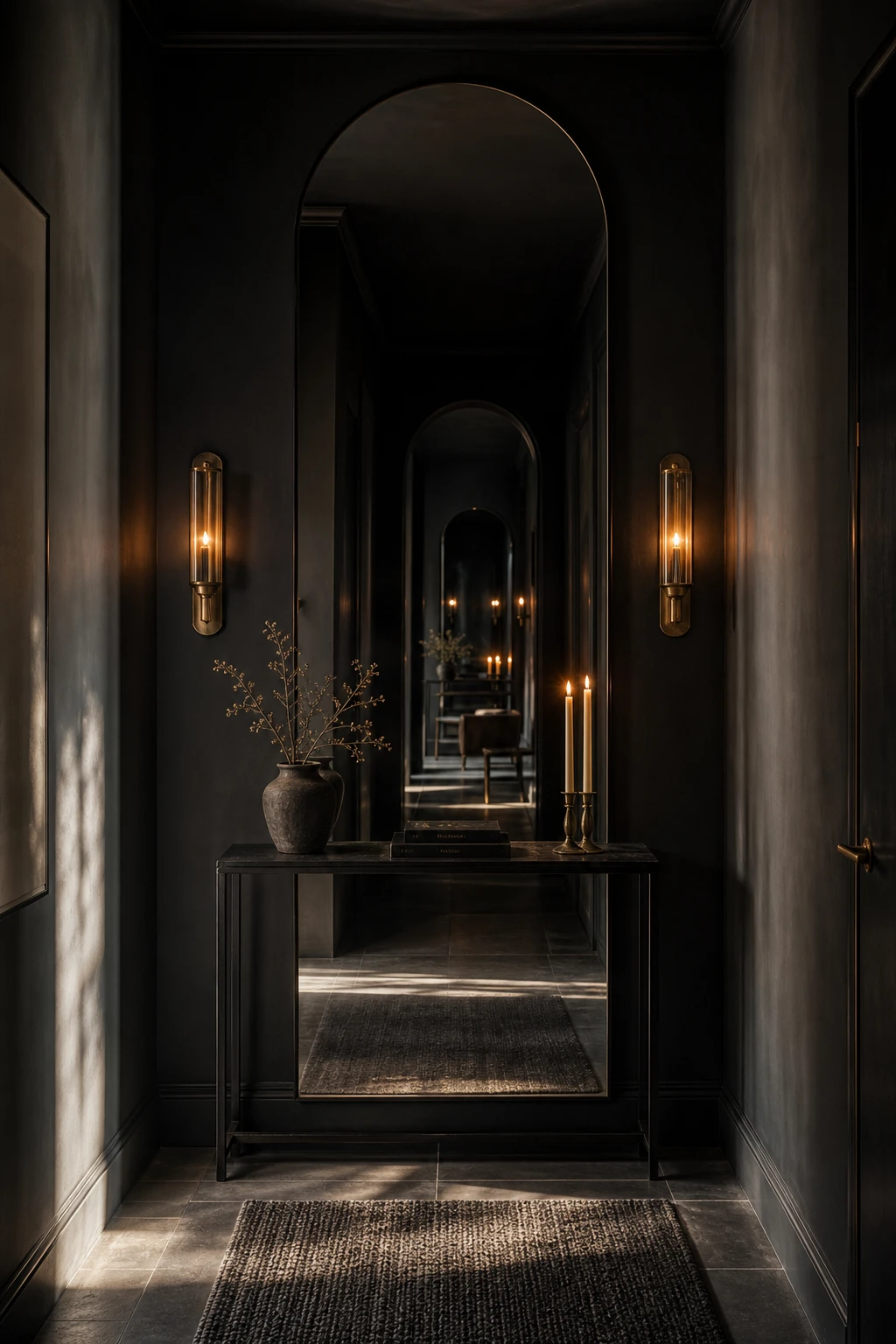 All black hallway with a large arched mirror installation on a Bible Black painted wall reflecting candlelight and a runner rug below